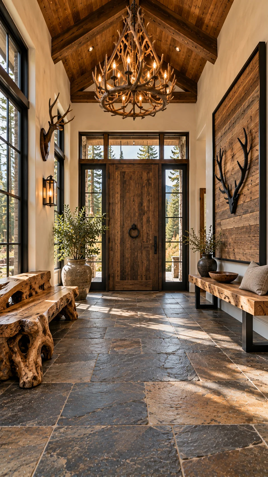 Rustic lodge entry with wood door, antler chandelier, and benches