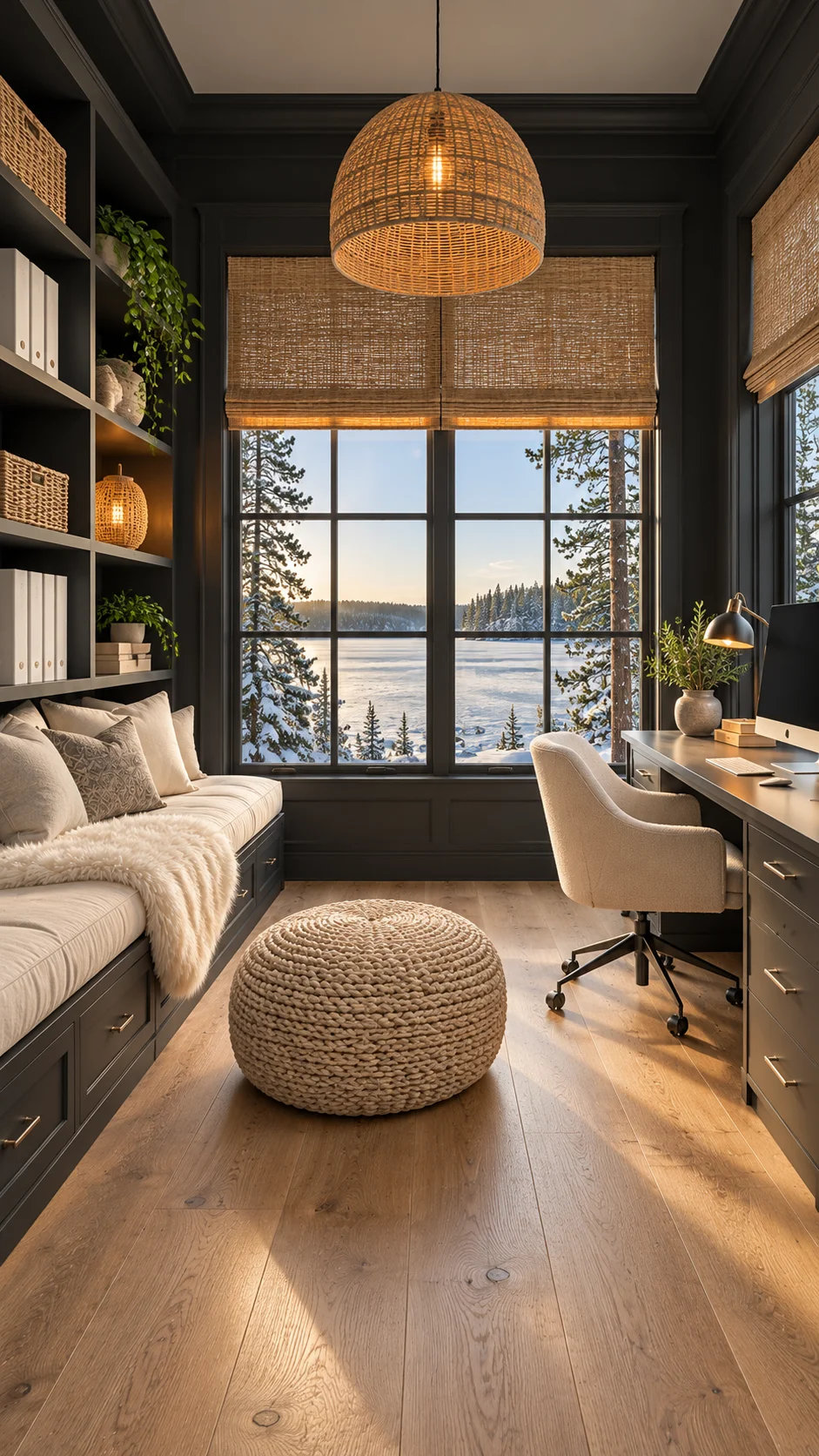 Charcoal office with window seat, woven pendant, and snowy lake view