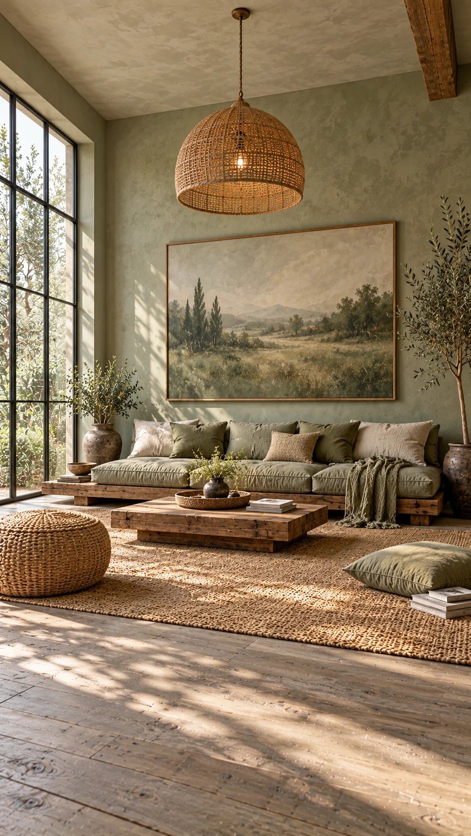 Low wooden platform sofa with green cushions under an oversized landscape painting