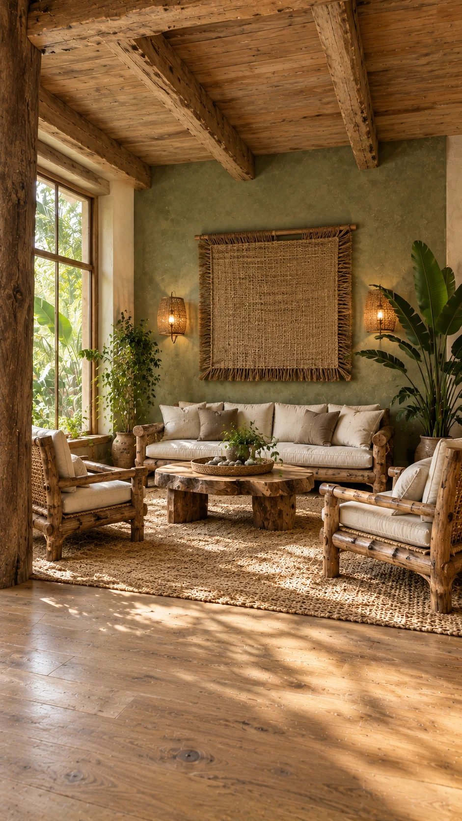 Rustic lounge with log furniture, woven wall hanging, and rattan sconces