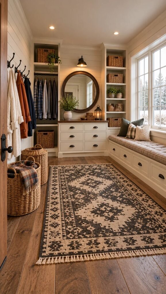White shiplap mudroom with round mirror, dresser drawers, and window seat storage