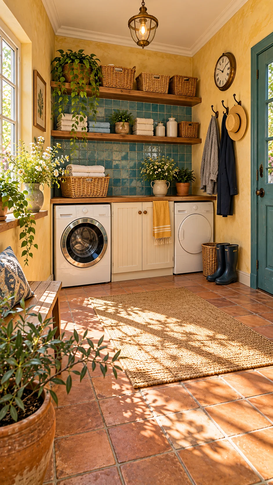 Laundry room with wood shelves, teal tile, hooks, and machines