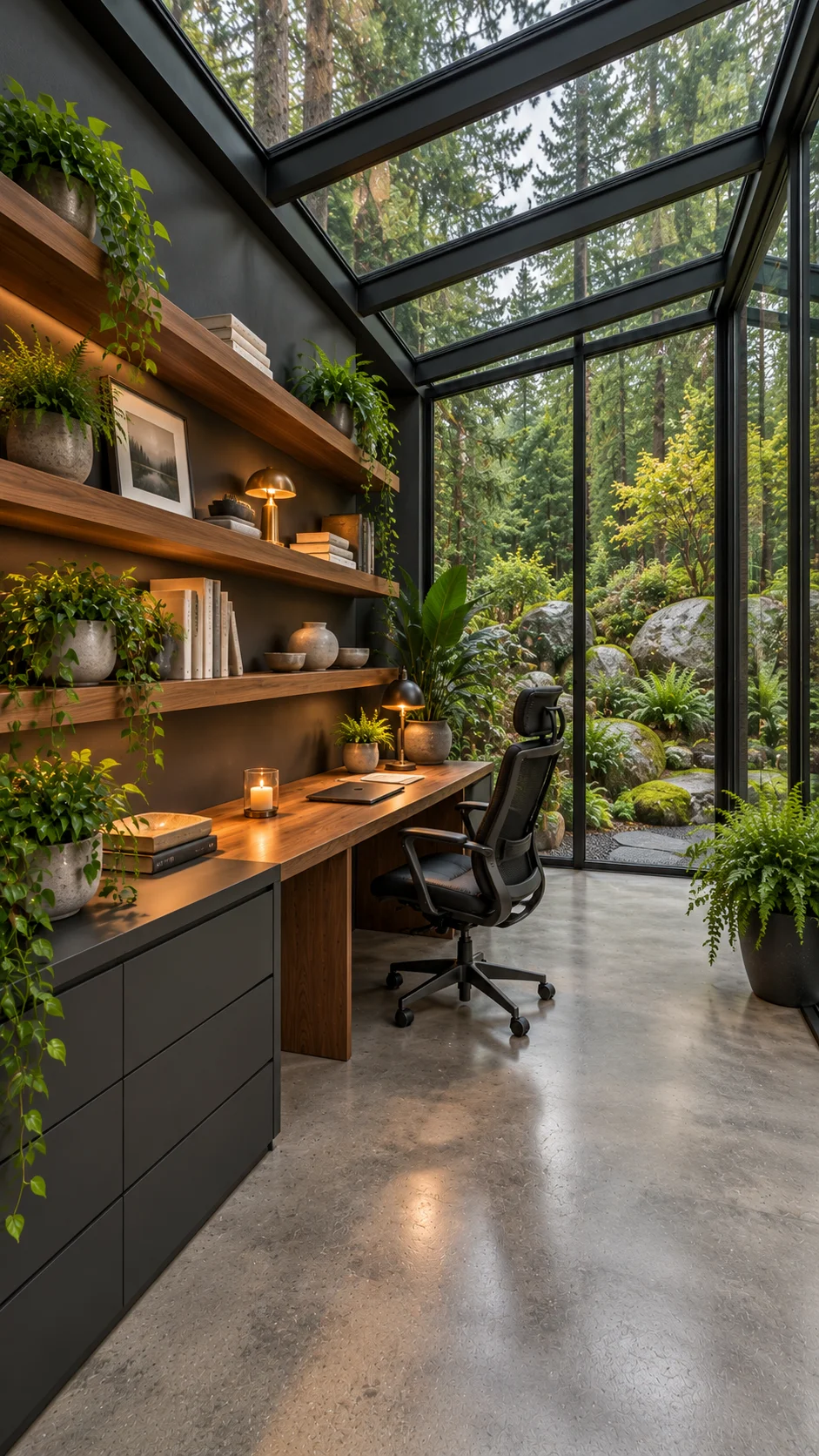 Black glass-roof office with plant-covered shelves and wood desk