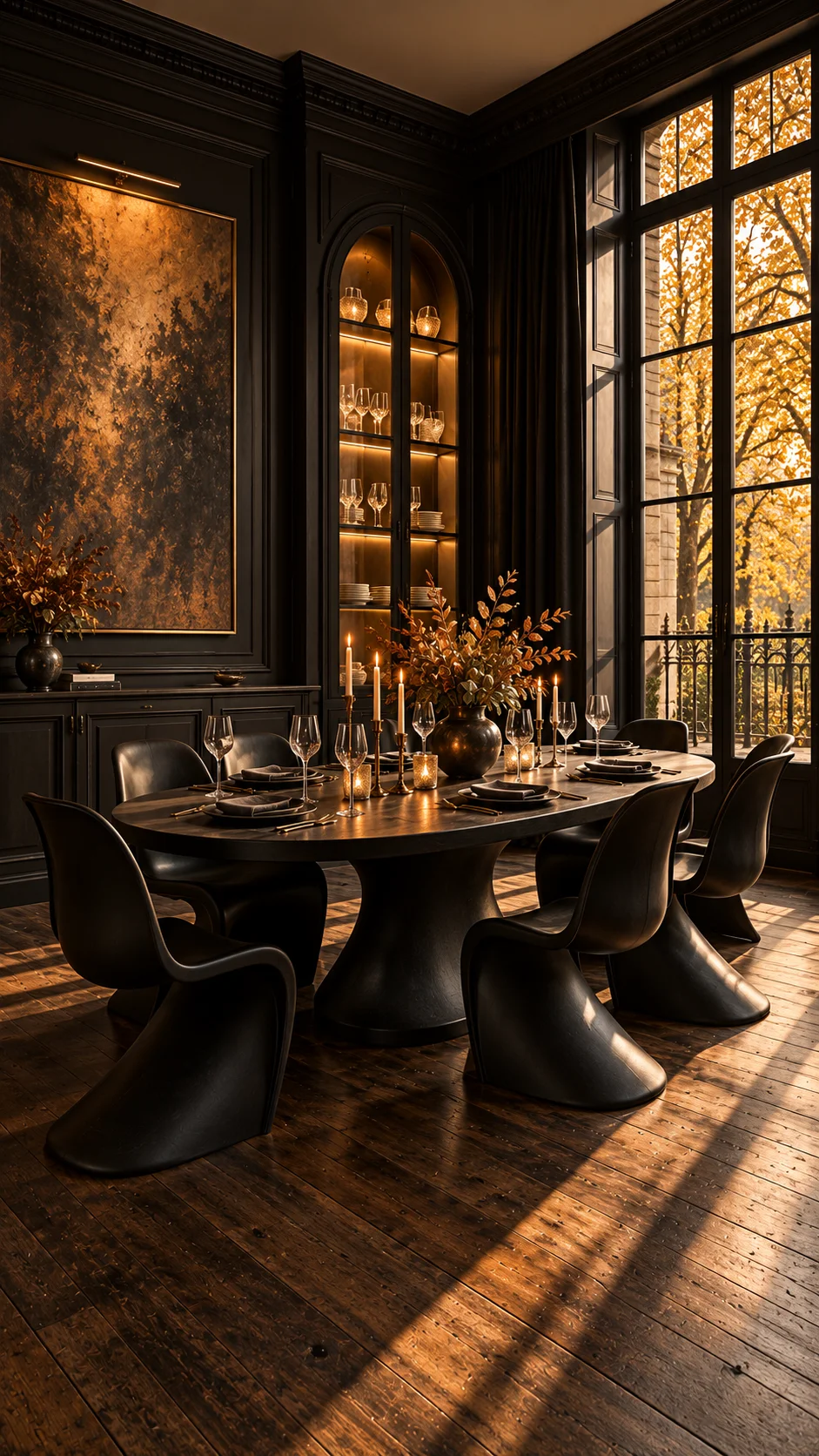 Dark dining room with oval table, black sculptural chairs, and display cabinet