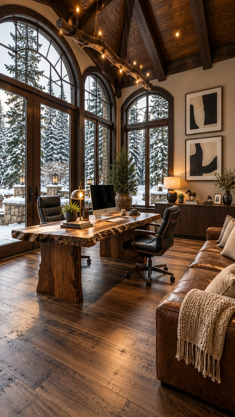 Vaulted wood office with arched windows, live-edge desk, and leather sofa