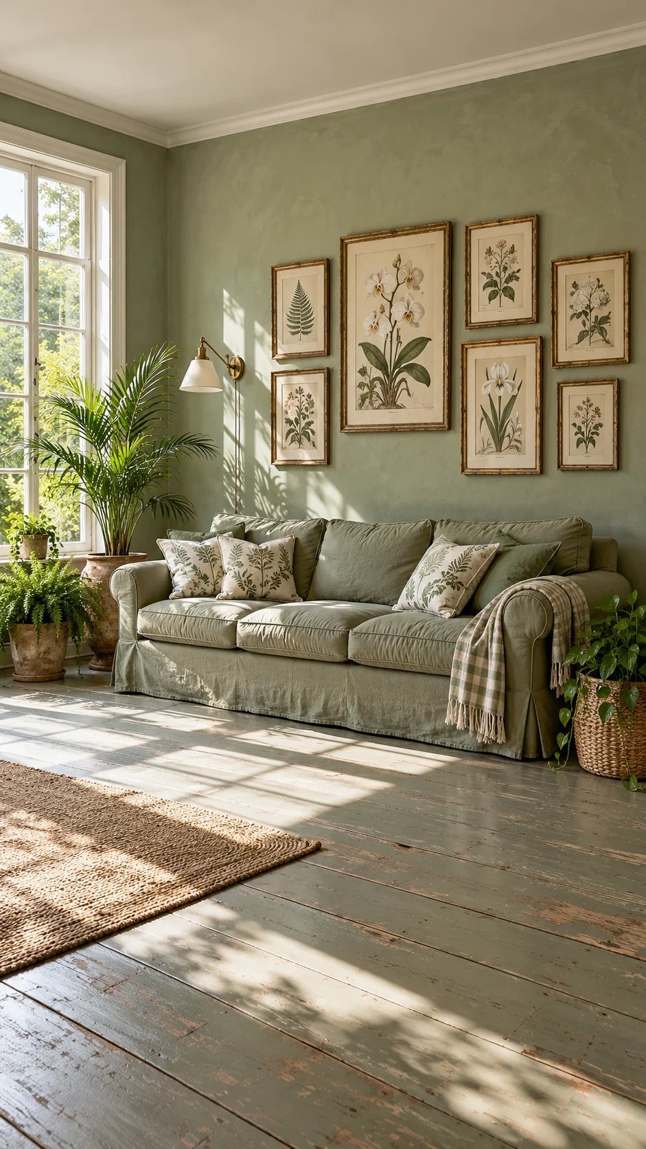 Sage walls with framed botanical prints above a green slipcovered sofa