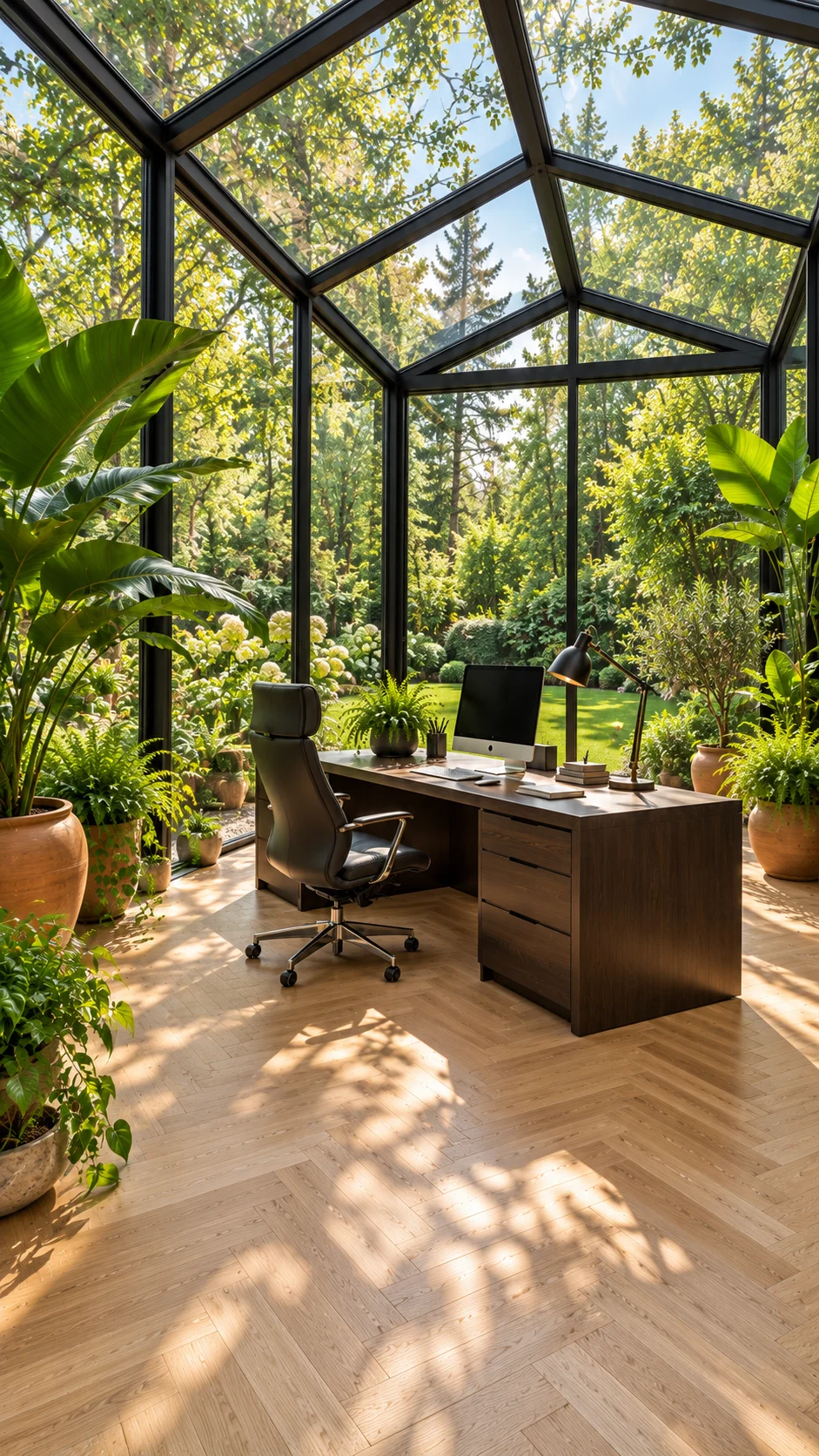 Black glass sunroom office with dark desk and large tropical plants