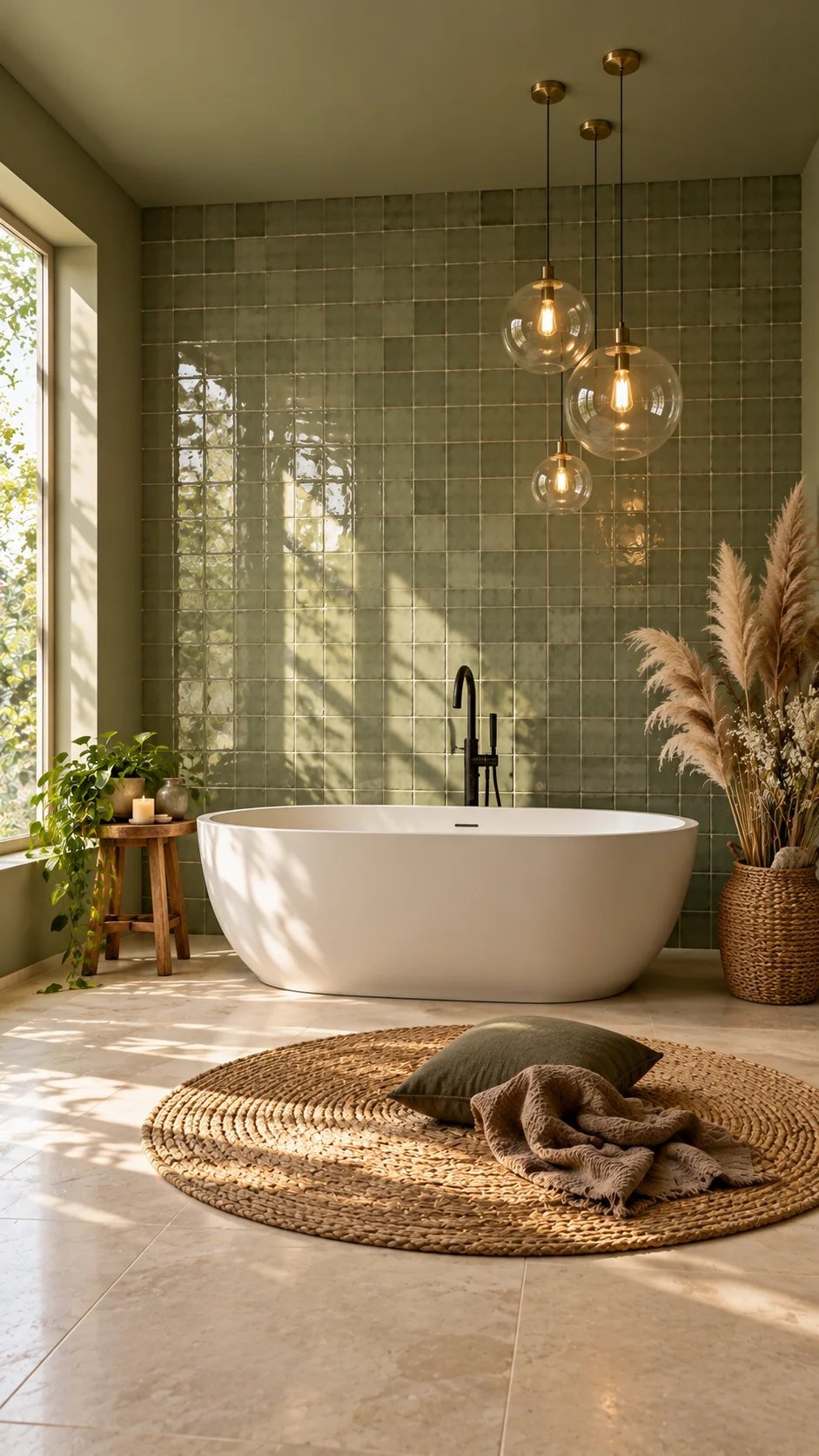 Minimal bathroom with white oval tub, sage zellige tiles, and globe pendants