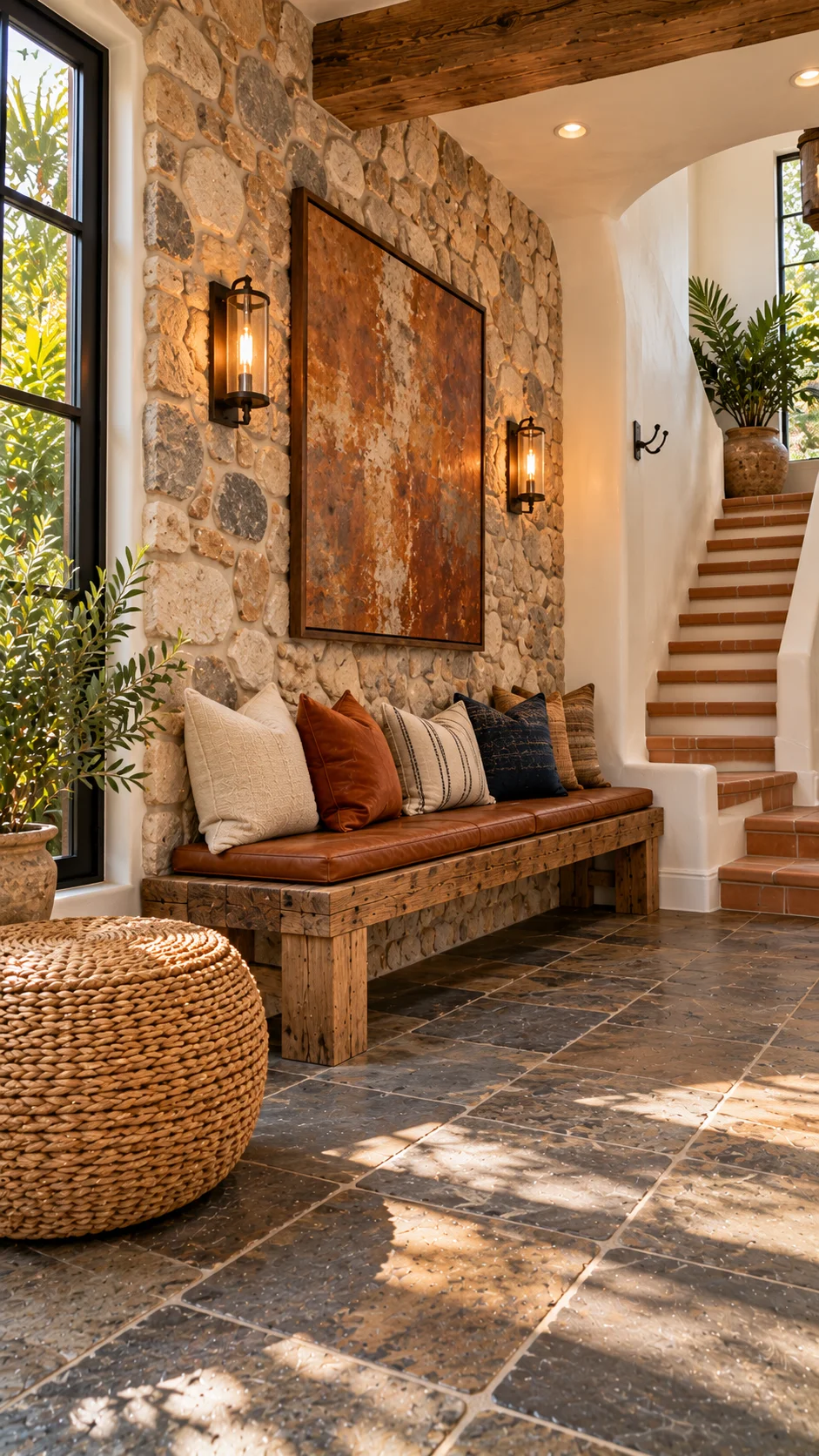 Stone entry with wood bench, leather cushion, and large painting
