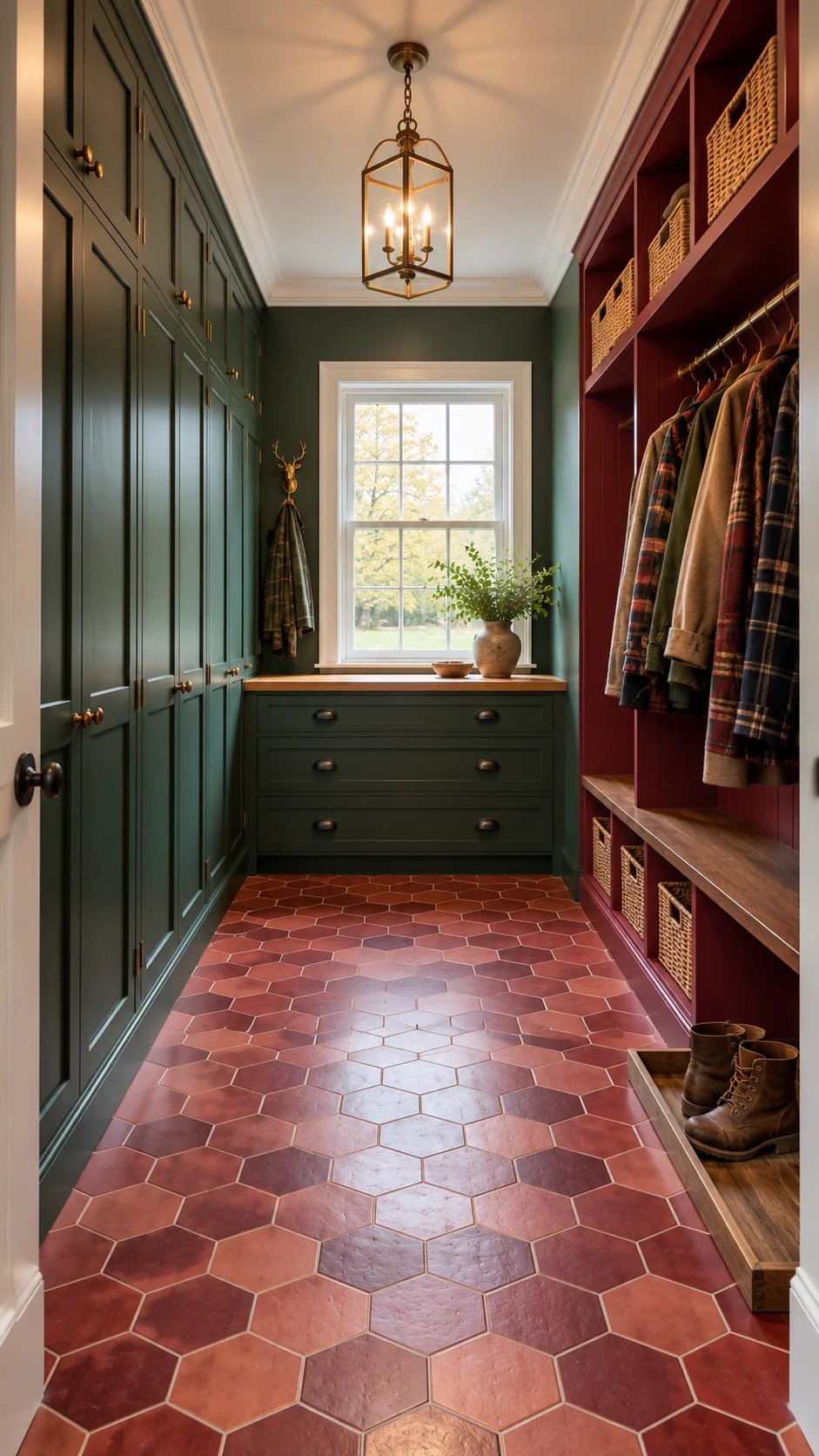 Narrow mudroom with green cabinets, burgundy shelves, and terracotta hex tile floor