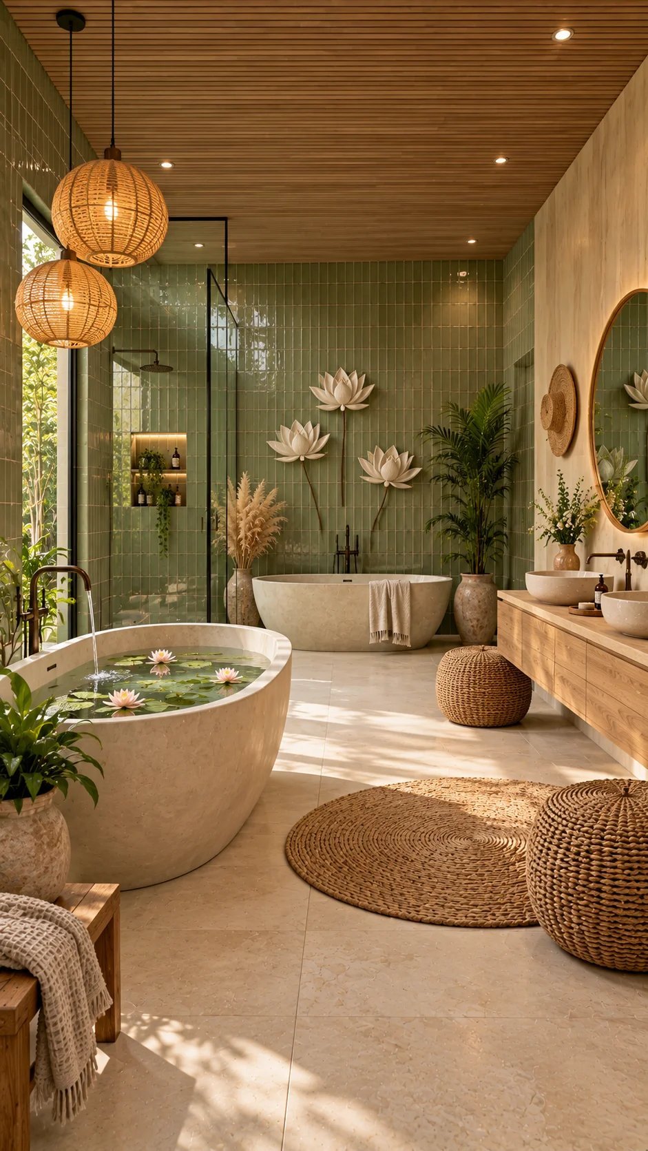 Double stone tubs with floating water lilies and lotus wall sculptures