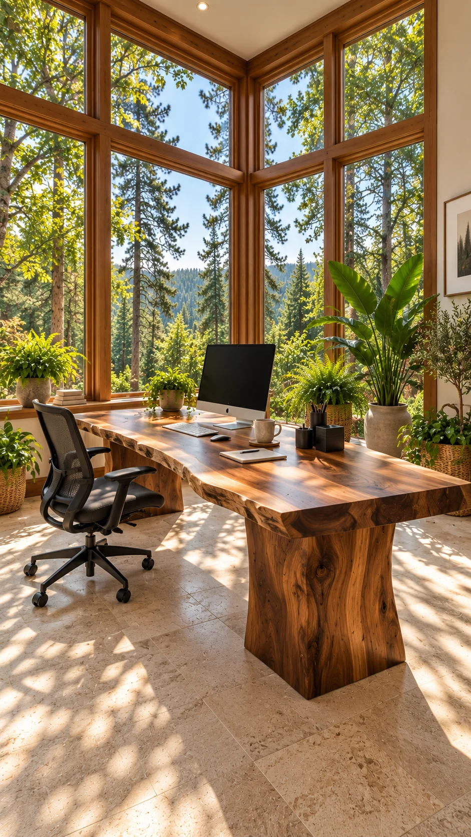 Corner-window office with live-edge slab desk and potted plants