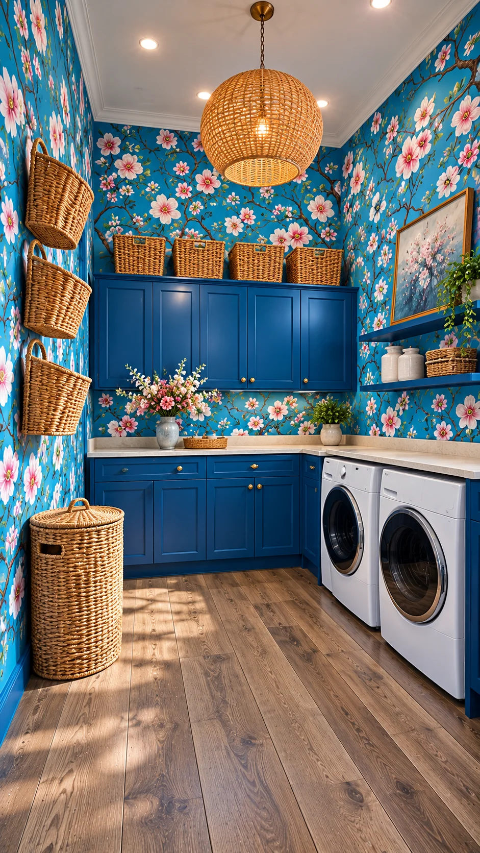 Cobalt laundry room with floral wallpaper, baskets, and cabinets