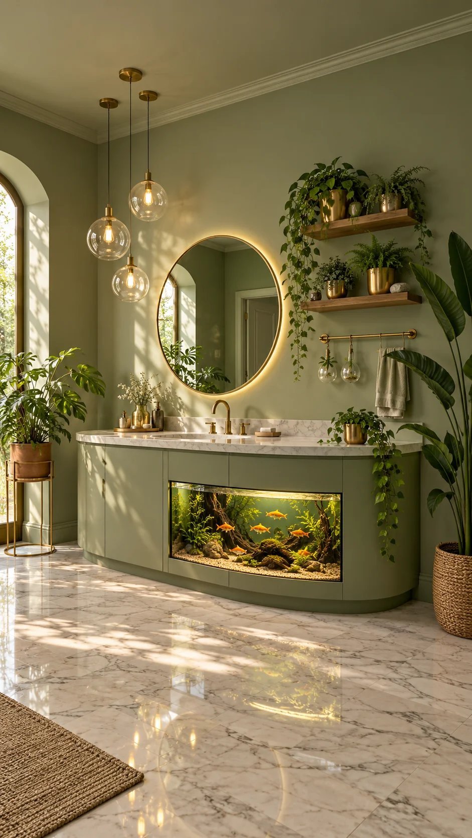 Sage vanity with built-in aquarium, round backlit mirror, and plants