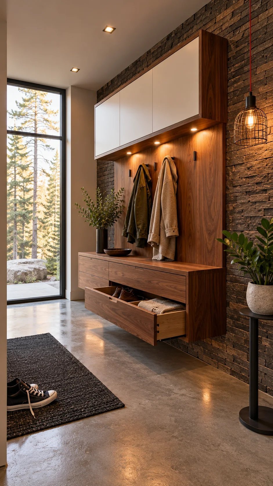Modern floating walnut entry unit with hooks, drawers, and overhead cabinets