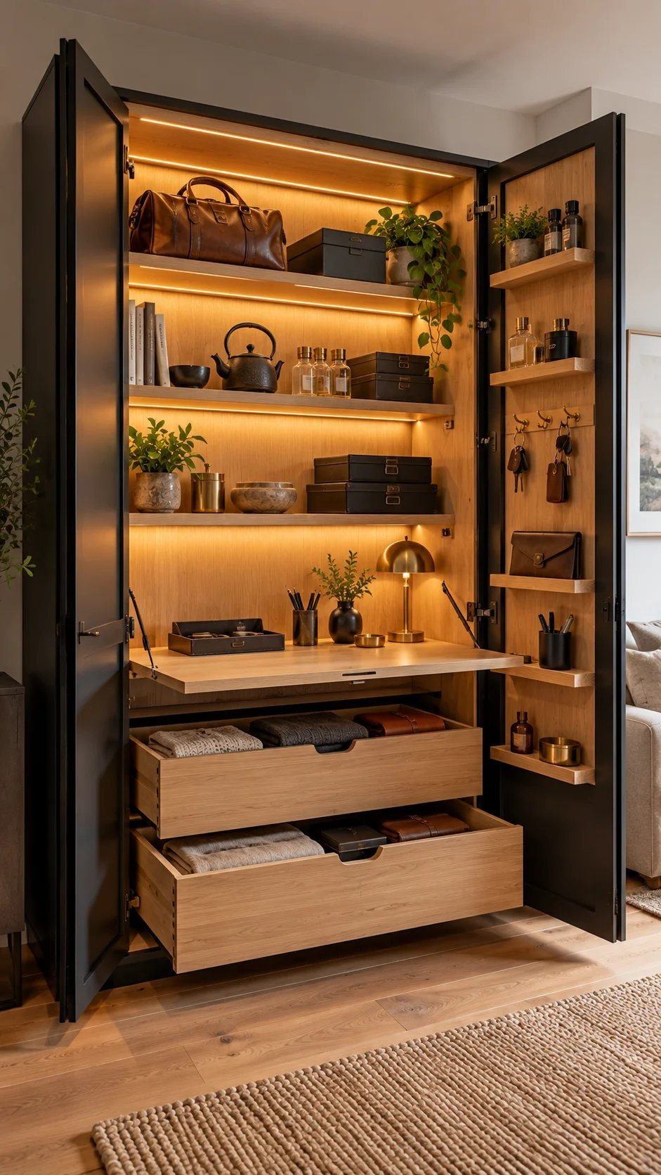 Dark armoire with LED-lit fold-down desk, shelves, drawers, and door hooks