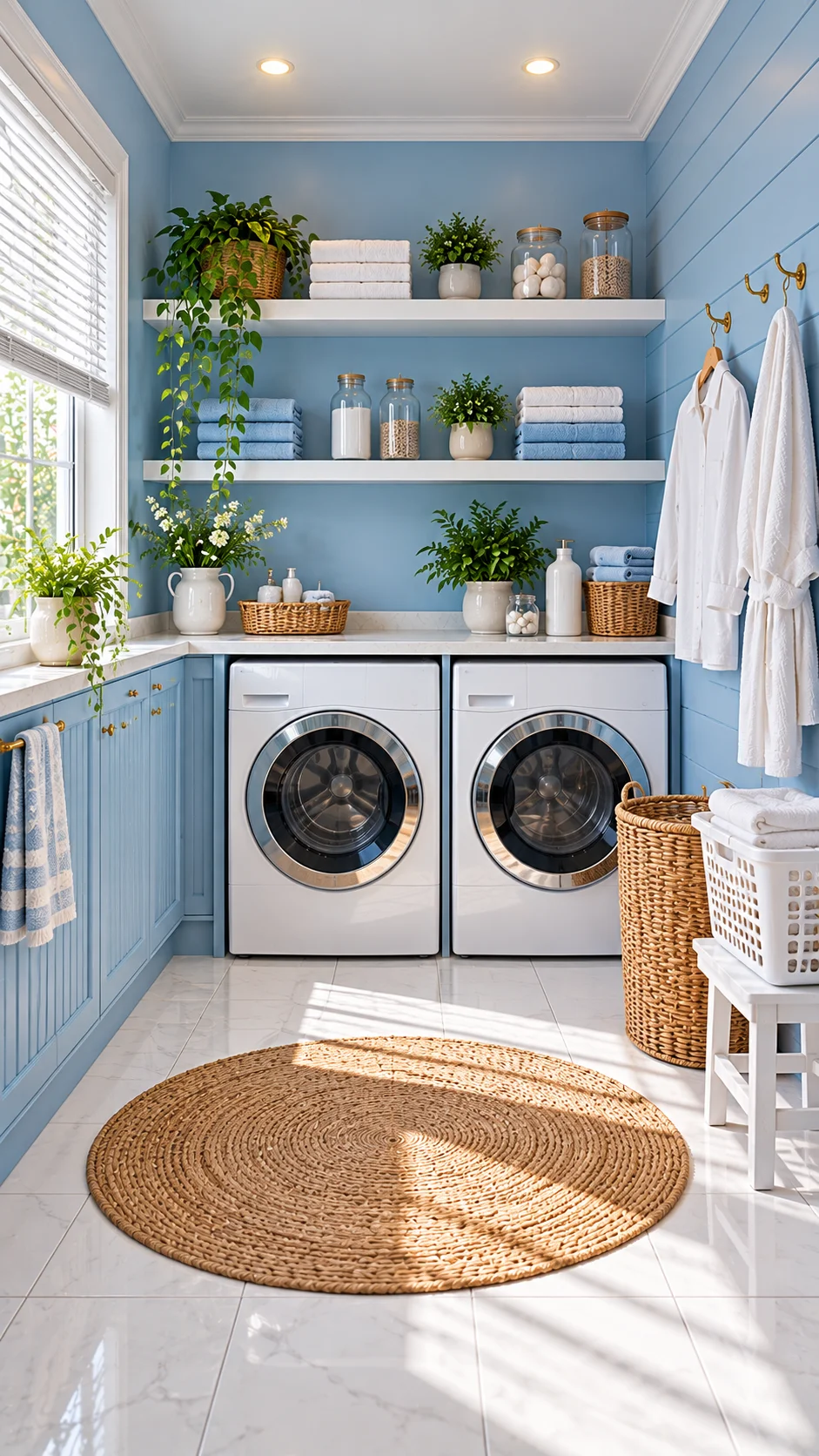 Light blue laundry room with floating shelves, jars, and machines