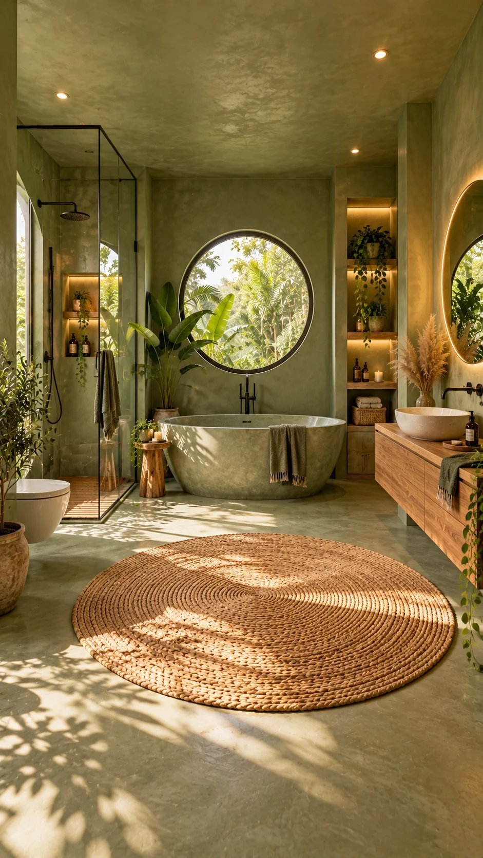 Sage bathroom with round window, stone tub, and glass shower