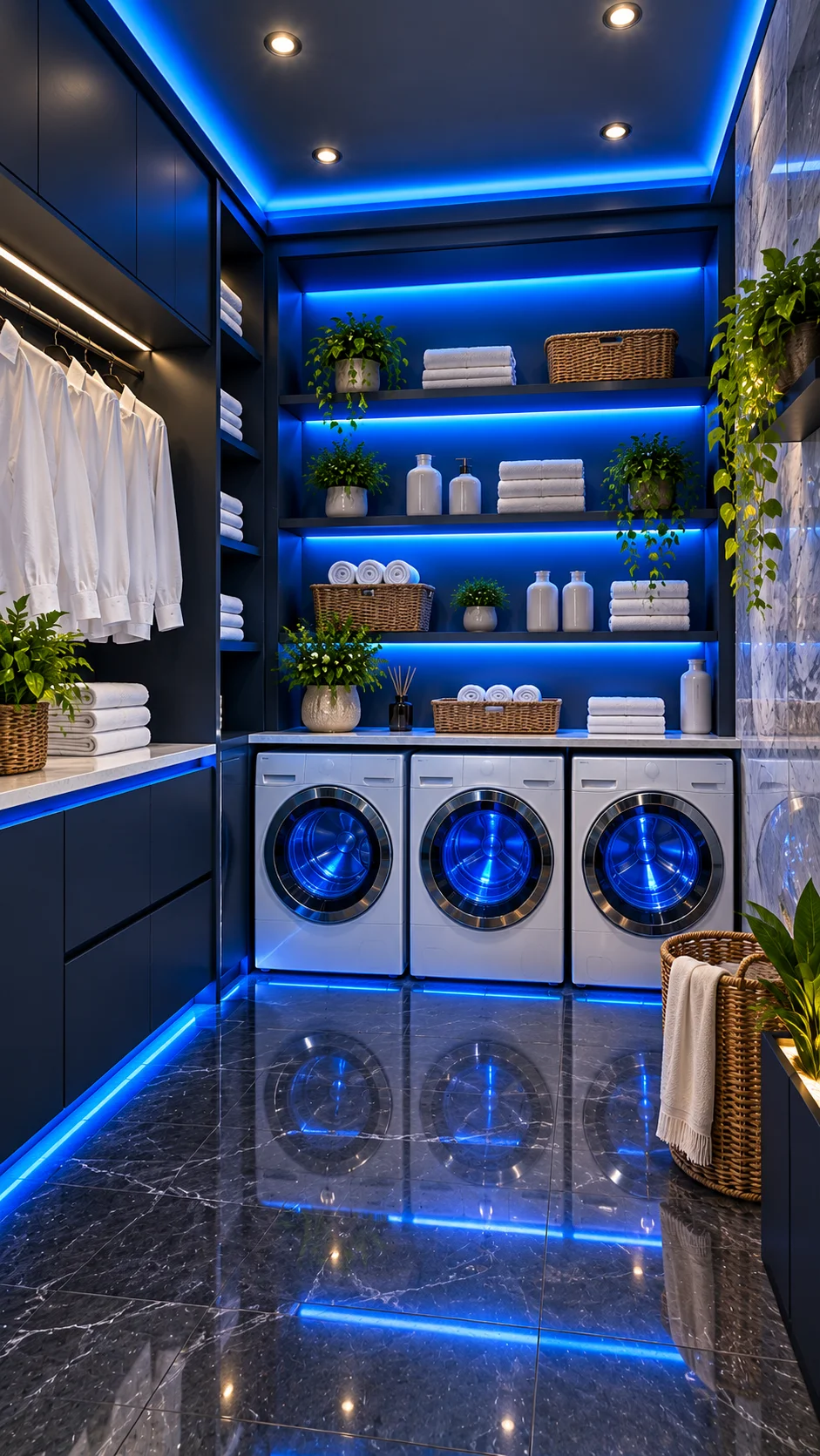 Dark navy laundry room with LED lighting, shelves, and machines