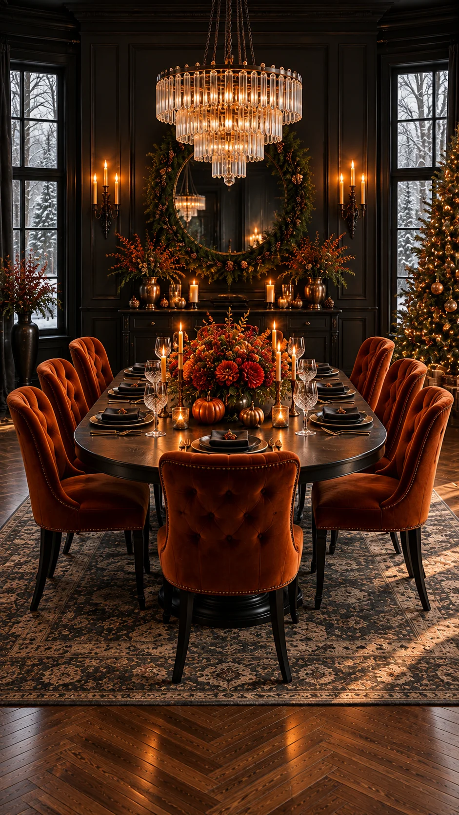 Dark dining room with orange velvet chairs, wreath mirror, and Christmas tree