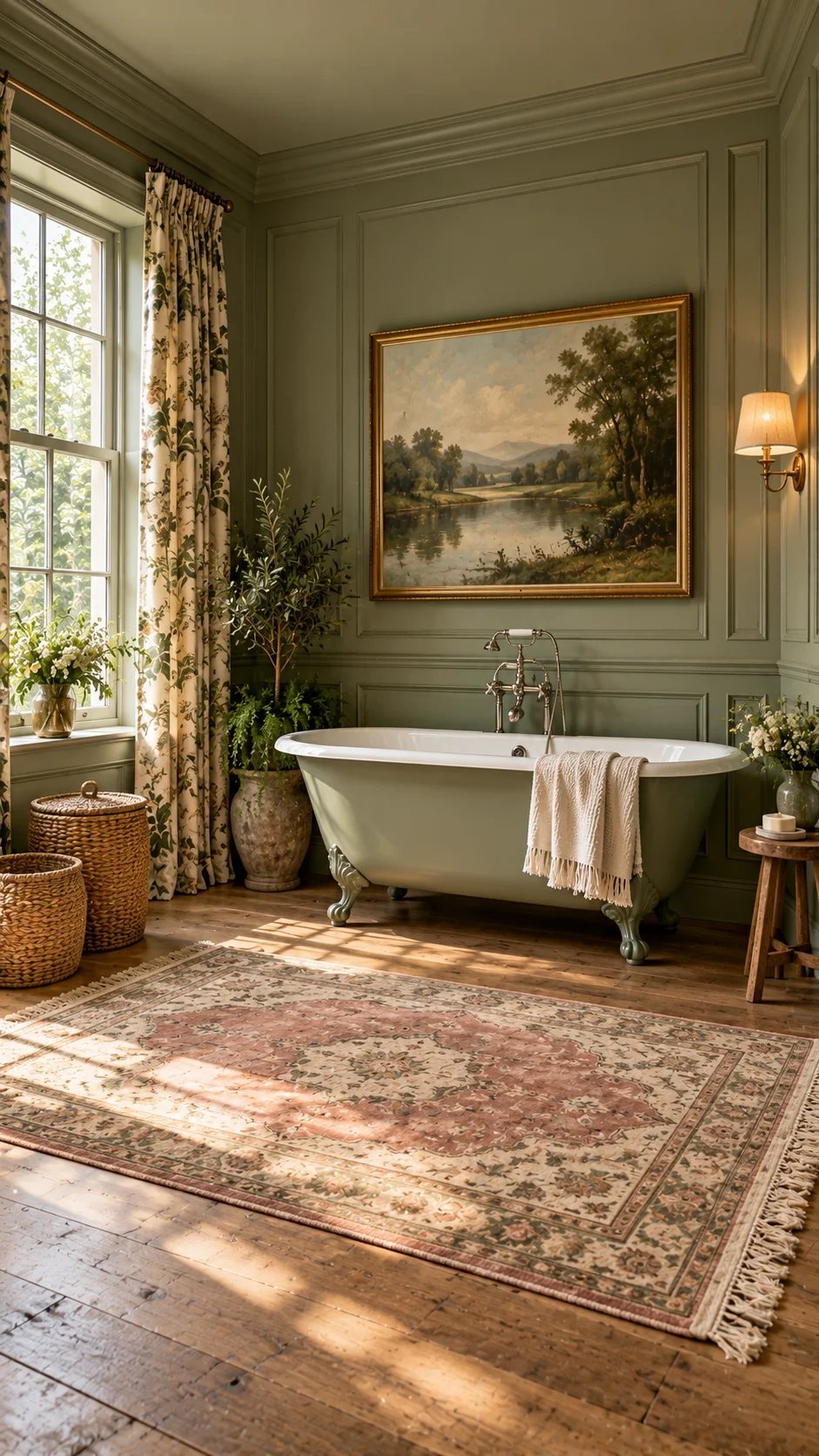 Traditional sage bathroom with clawfoot tub, landscape art, and vintage rug