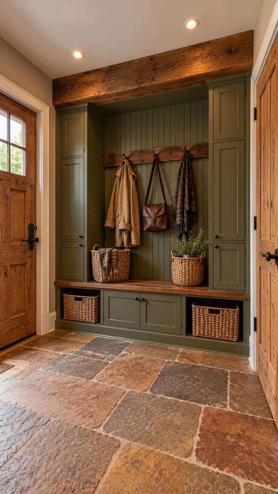 Rustic olive green locker with timber beam, peg rail, and wicker baskets