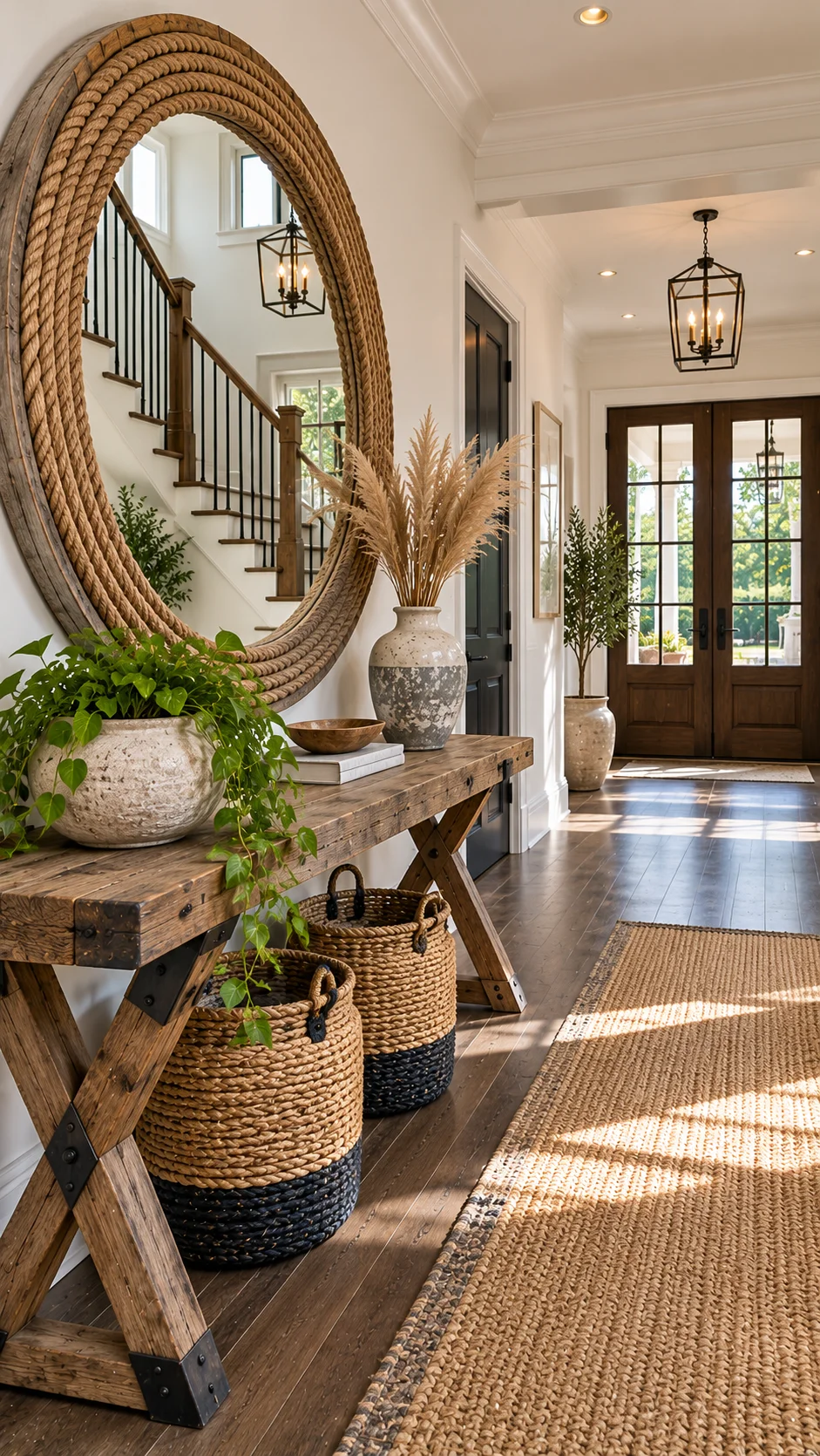 Entry with rope mirror, wood console, baskets, and jute runner