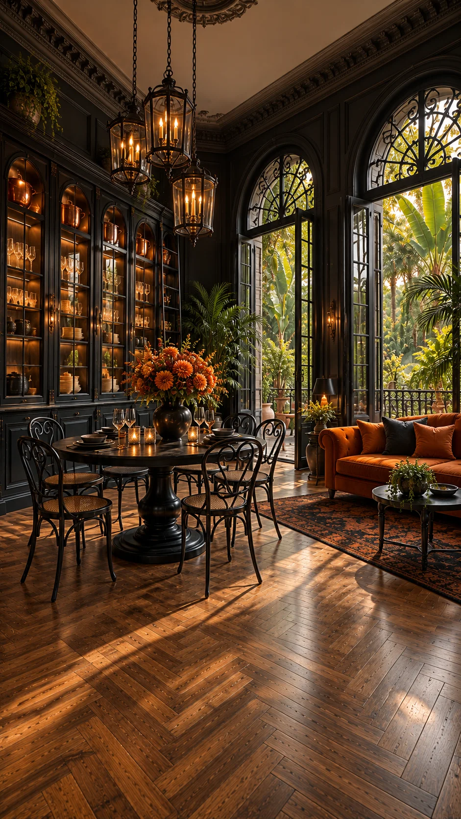 Black dining room with round table, lit cabinets, lanterns, and orange sofa