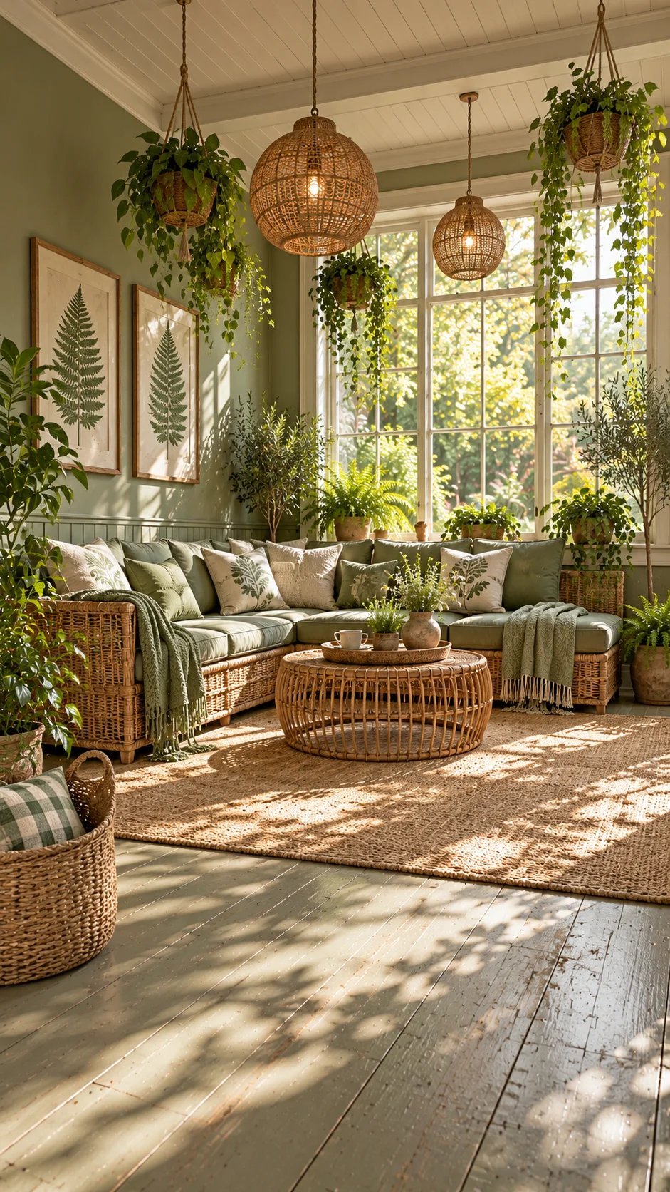 Sunroom with rattan sectional, hanging plants, and woven pendant lights