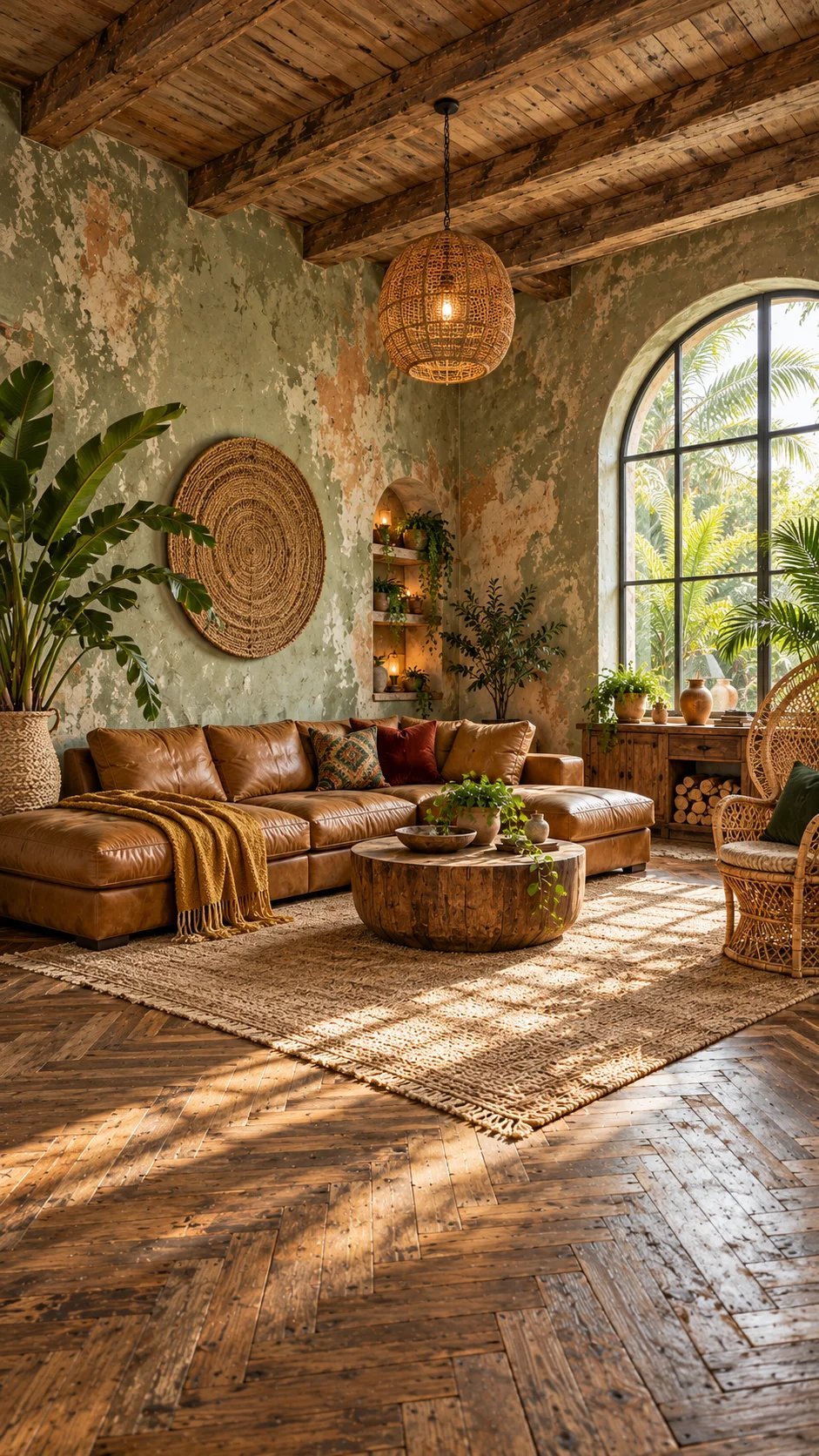 Distressed green plaster walls with leather sectional and round jute art