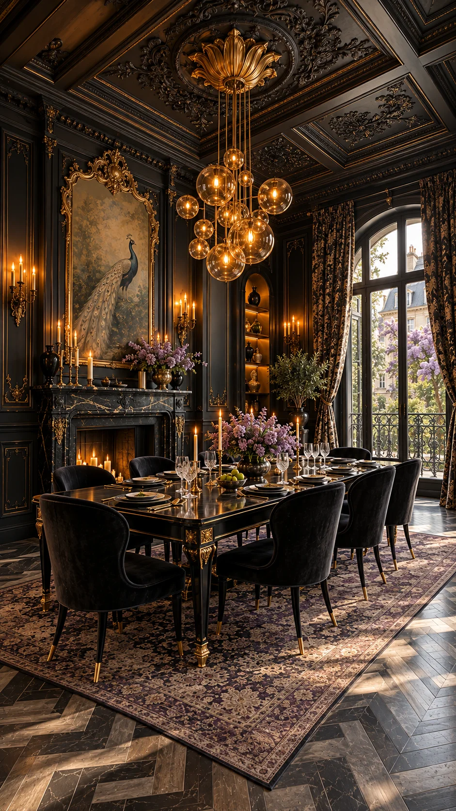 Ornate black dining room with peacock painting, fireplace, and globe pendants
