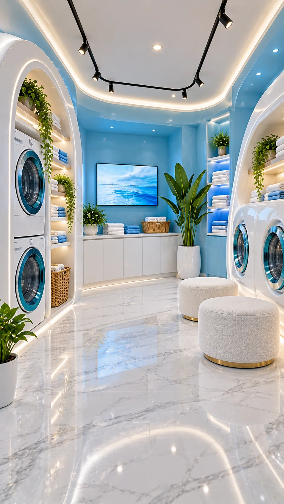 Futuristic blue laundry room with arch niches, TV, and ottomans