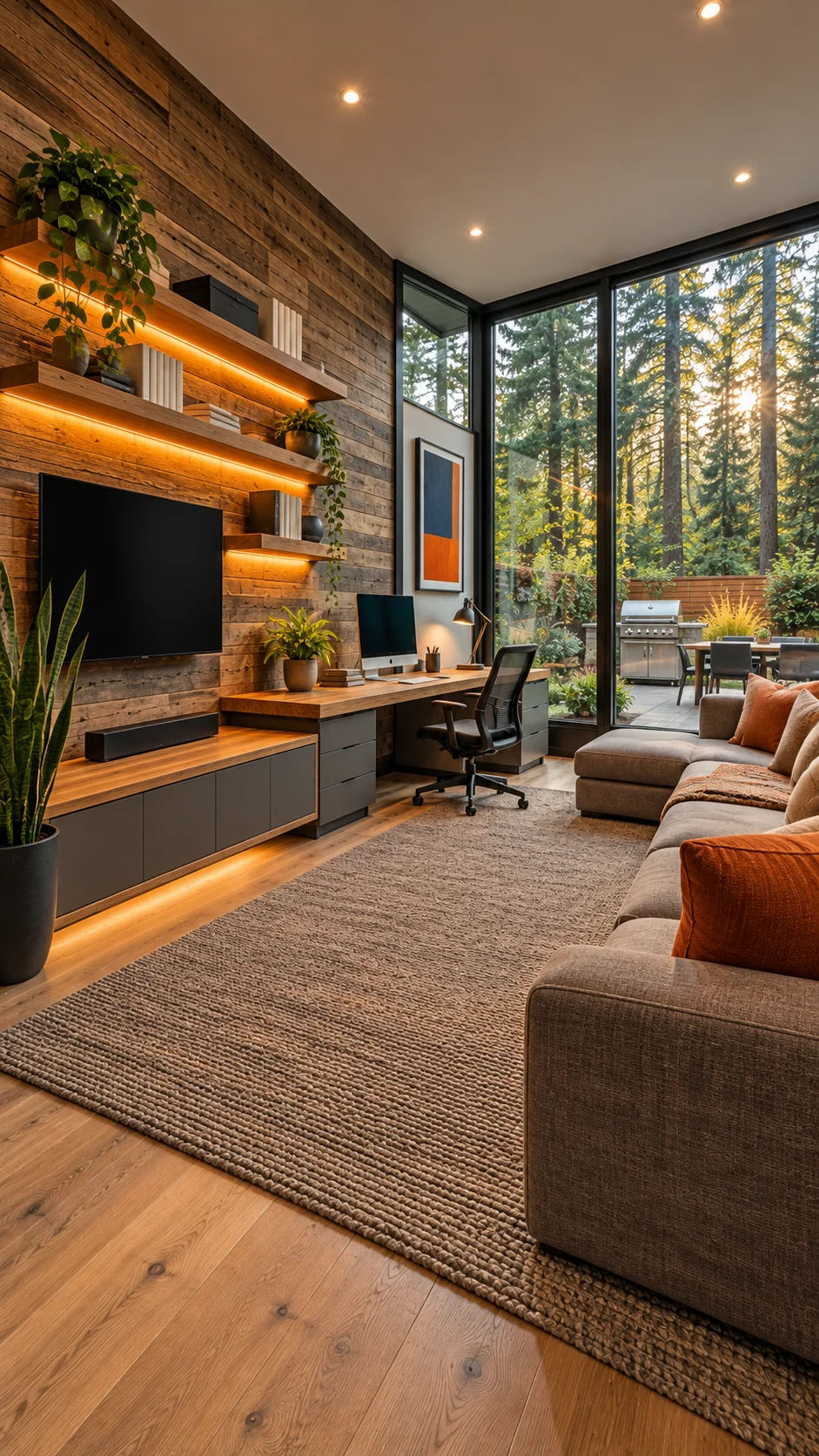 Wood-wall living room with desk, TV shelves, sectional sofa, and patio doors