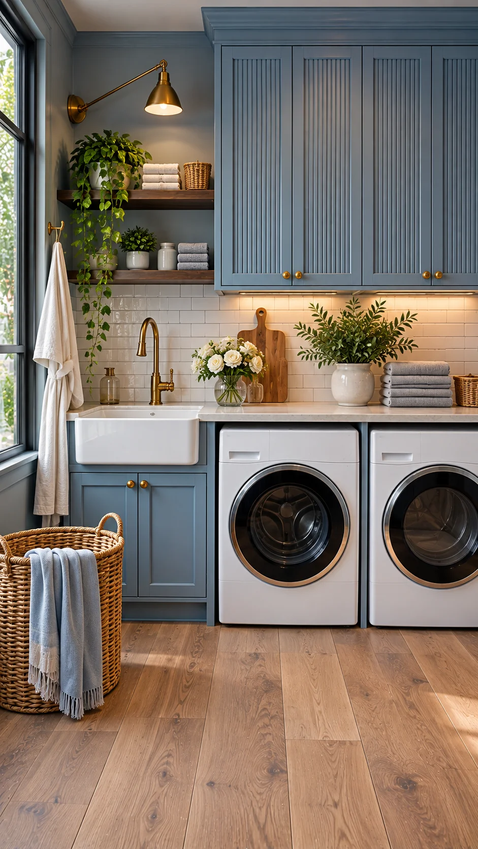Slate blue laundry room with fluted cabinets, sink, and shelves