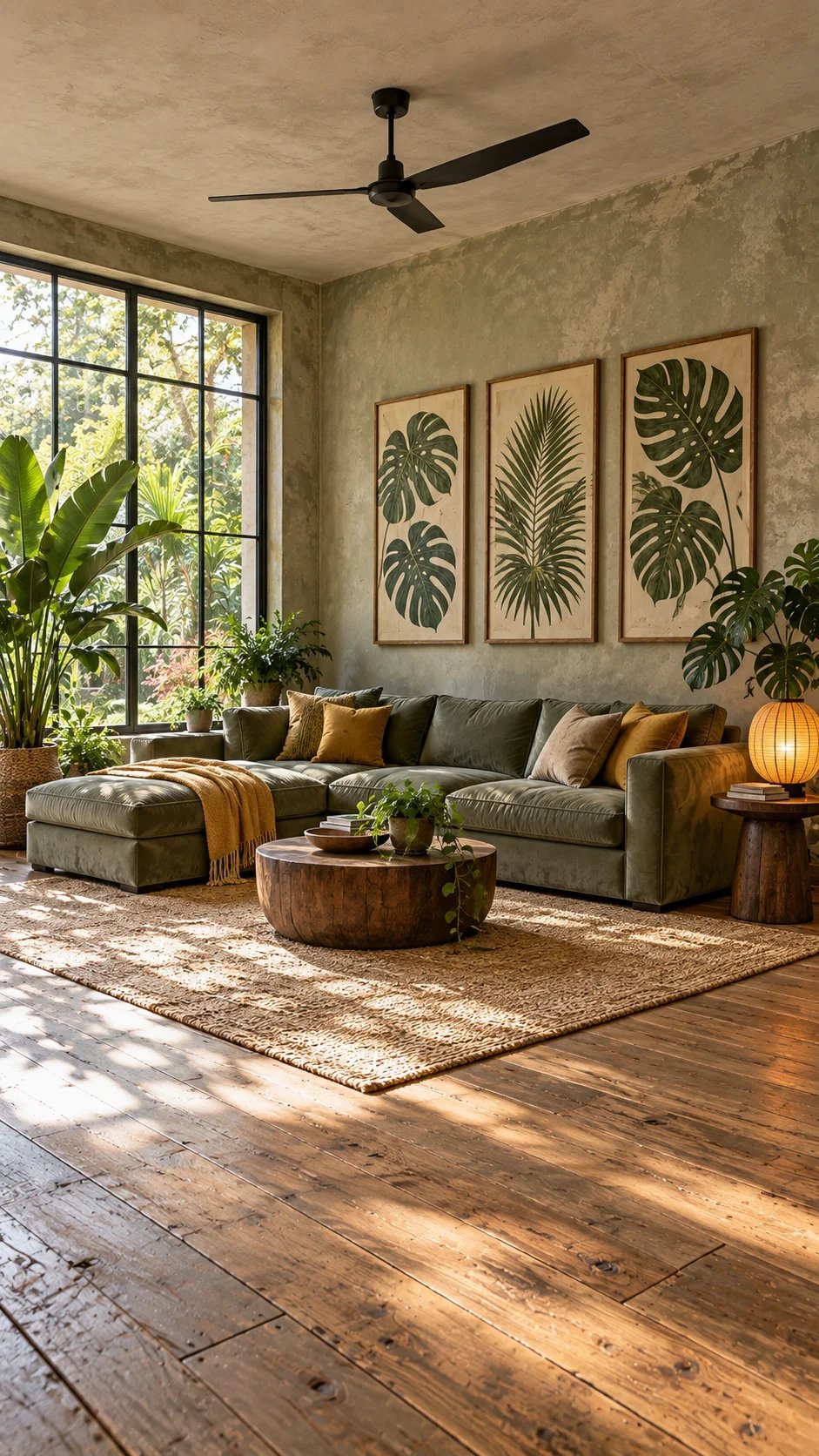 Modern living room with giant botanical art panels and green velvet sectional