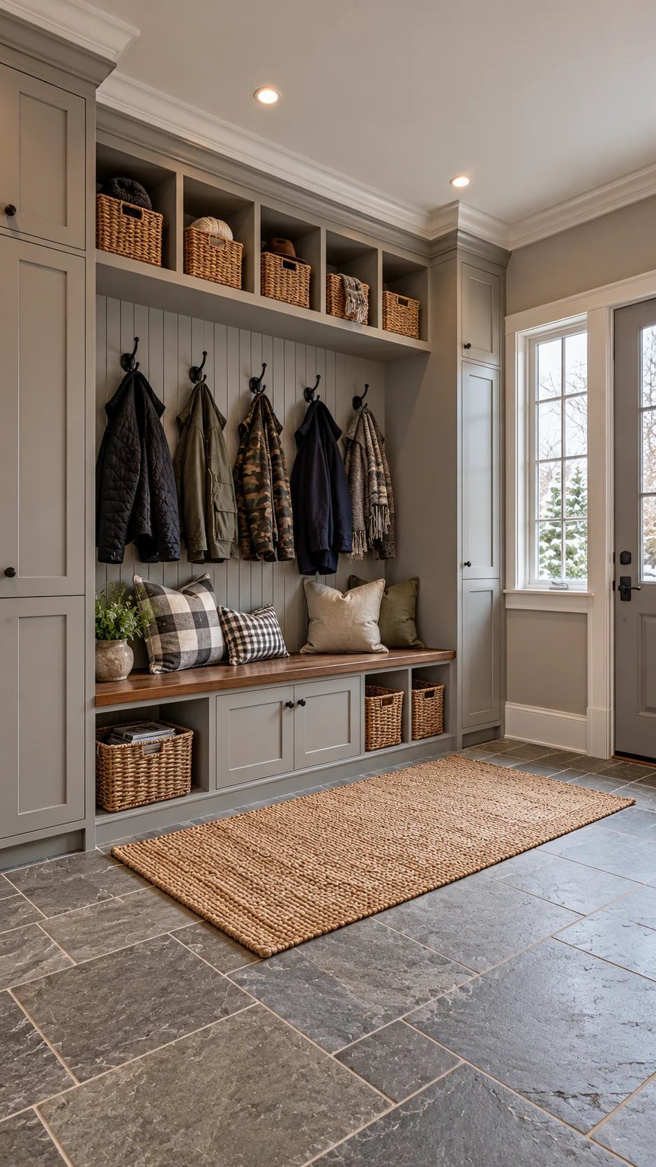 Gray built-in mudroom with beadboard, coat hooks, cubbies, and bench pillows