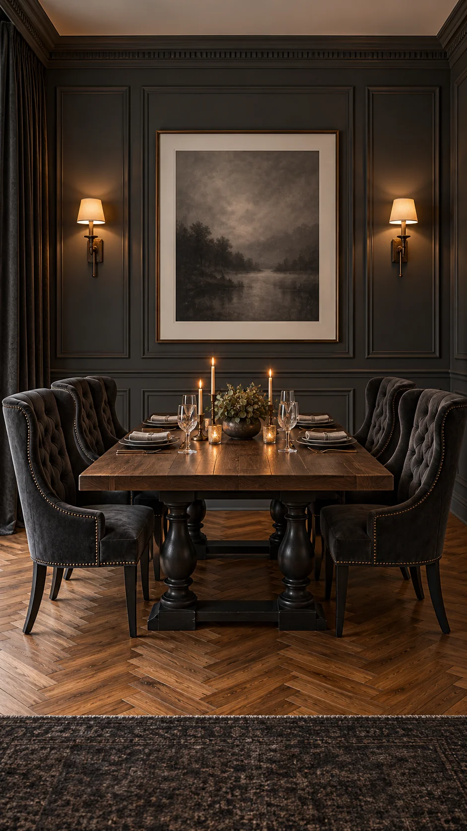 Charcoal dining room with wood table, grey velvet chairs, and river painting