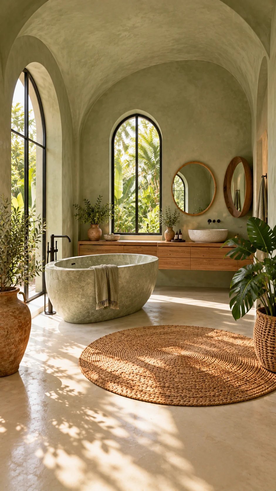 Vaulted sage bathroom with stone tub, round mirrors, and arched windows