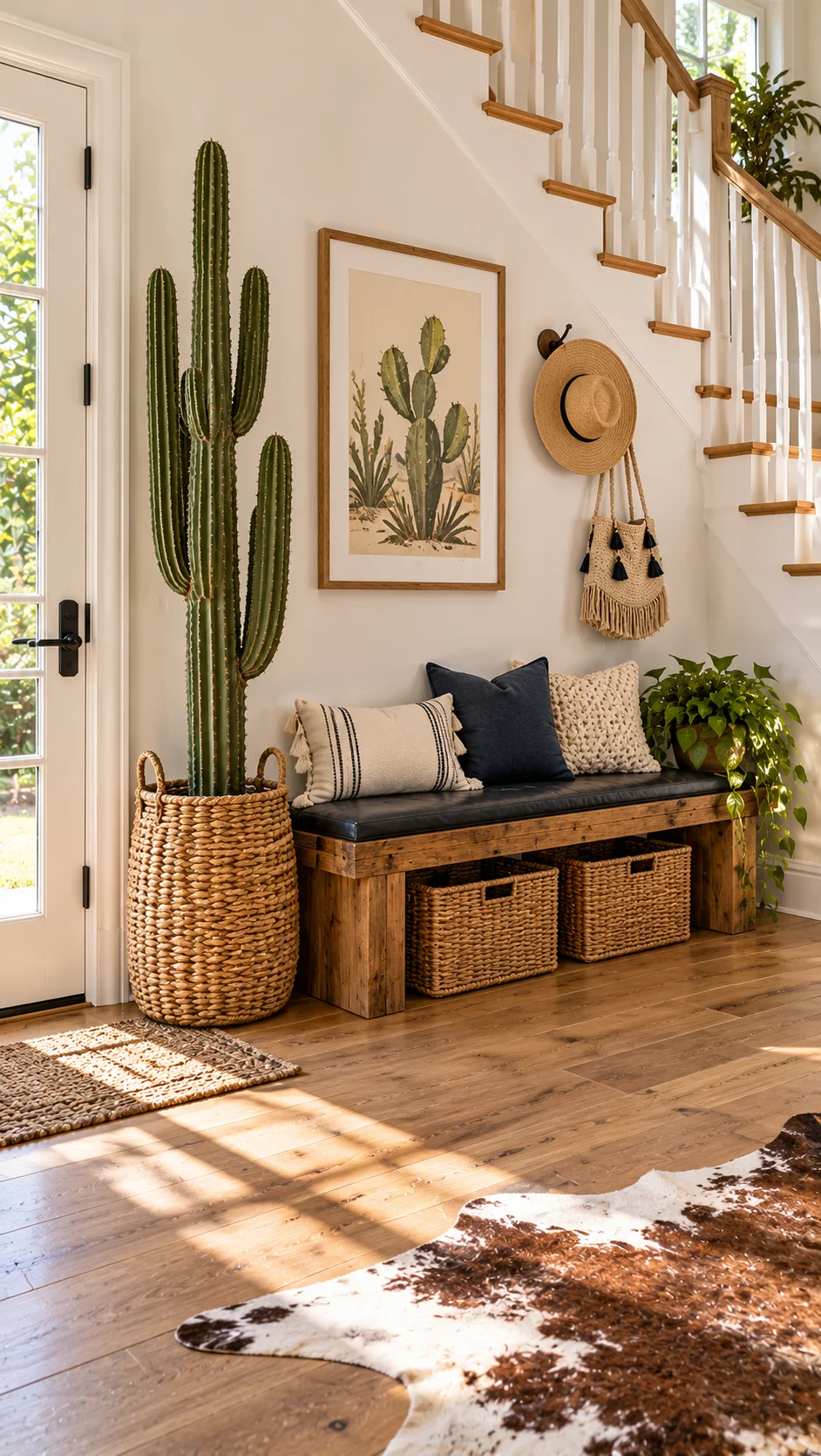 Entry with cactus, wood bench, baskets, and cowhide rug