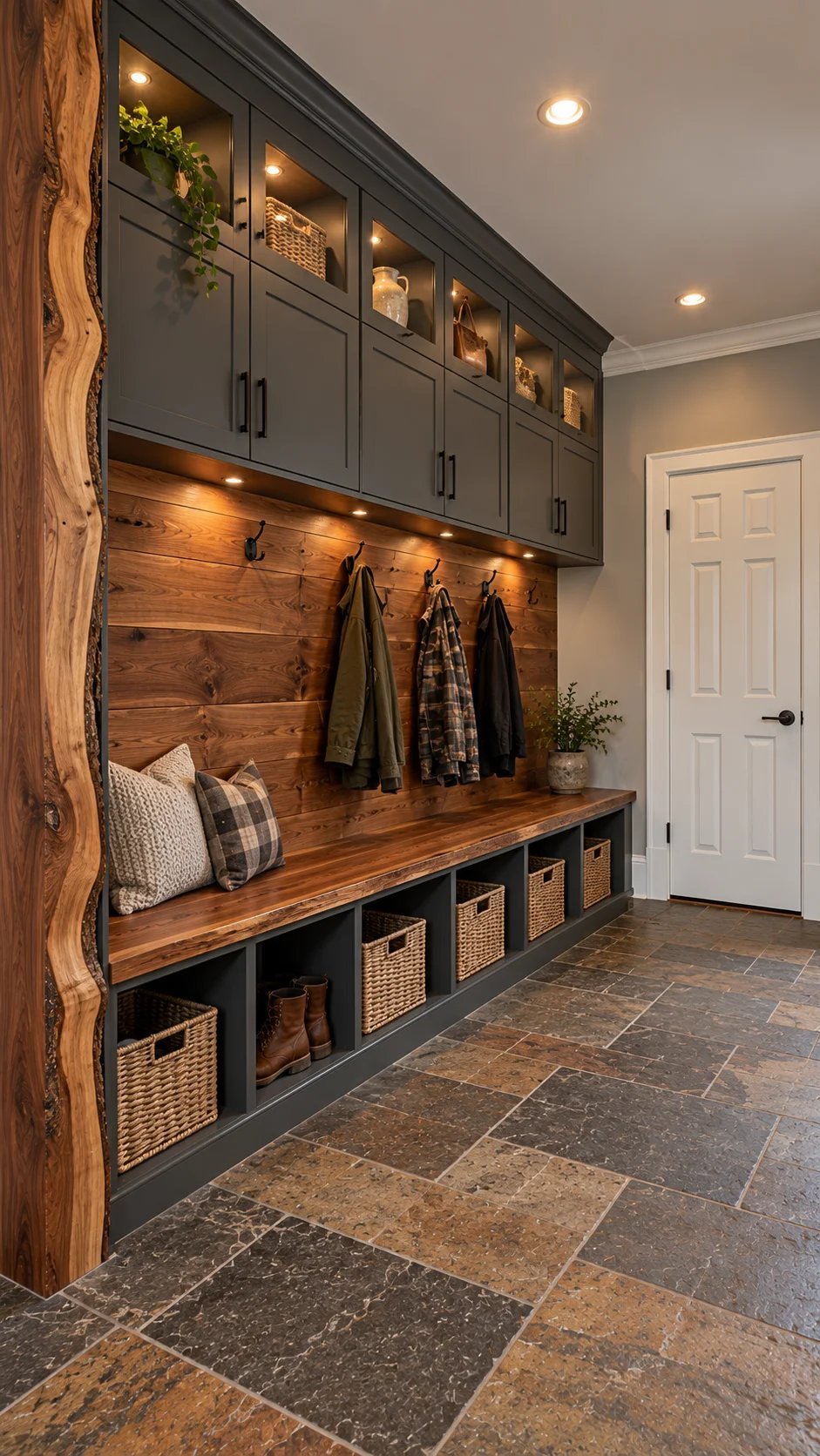Charcoal cabinets with lit glass cubbies above a wood bench and hook wall