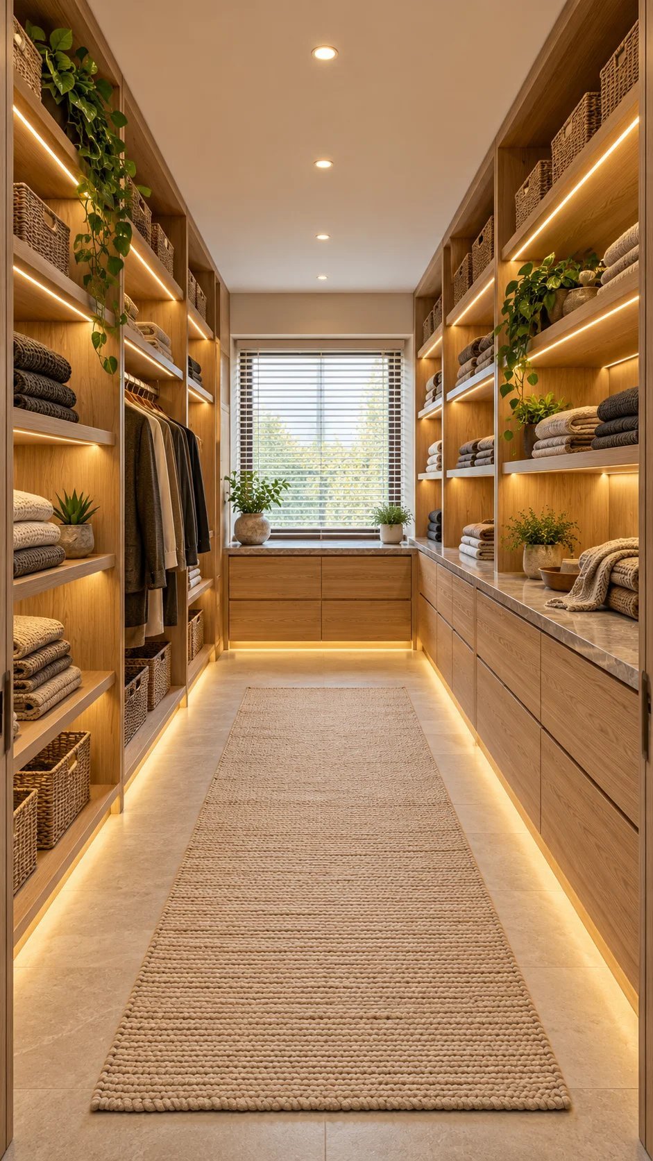 Walk-in dressing hallway with full-height lit shelving, drawers, and window