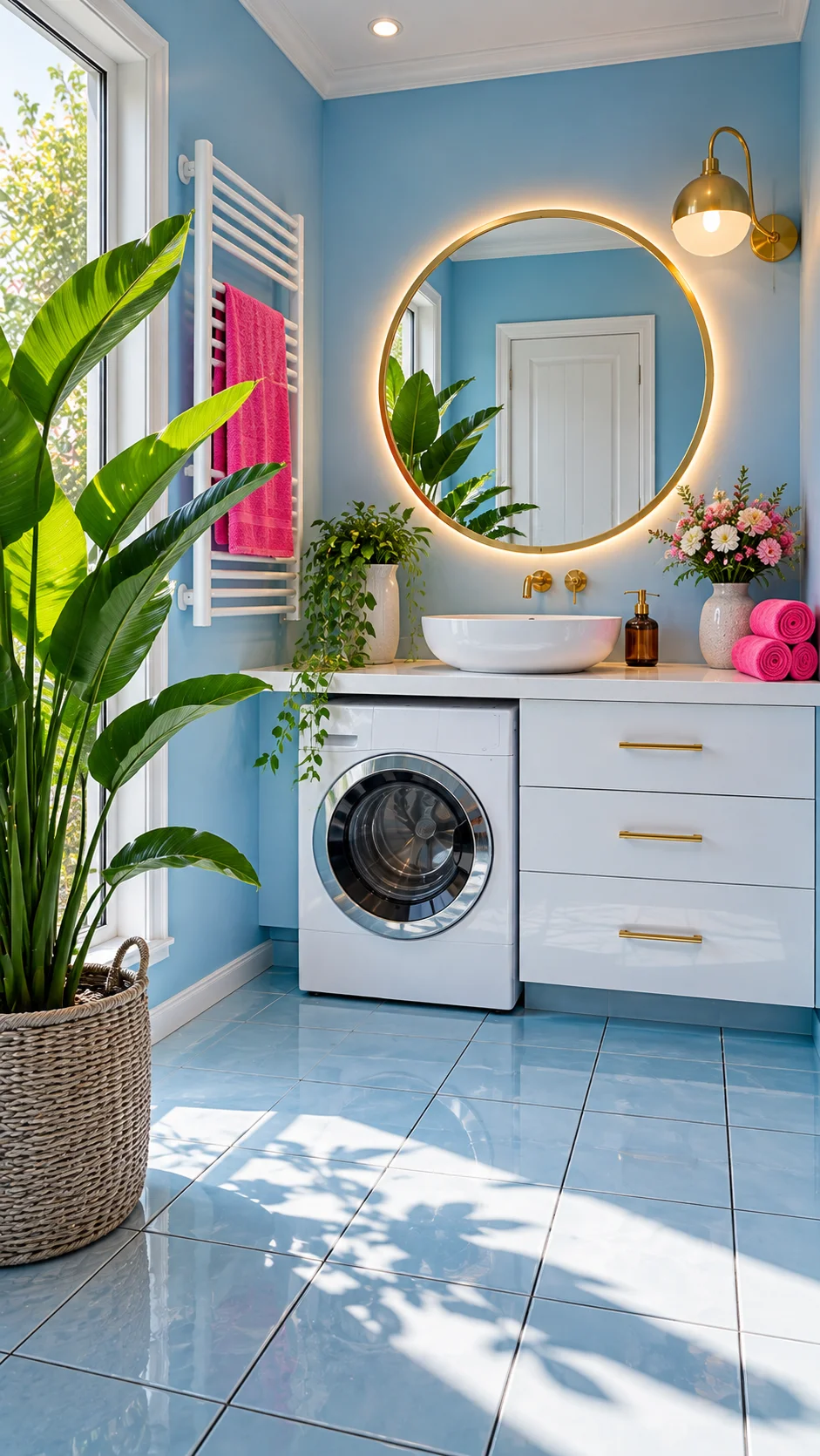 Blue laundry room with round mirror, sink, and pink towels