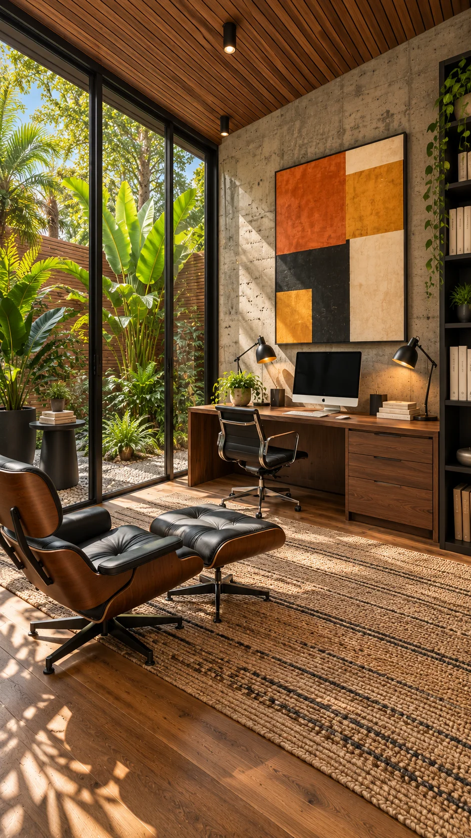 Concrete-wall office with color-block art, wood desk, and lounge chair