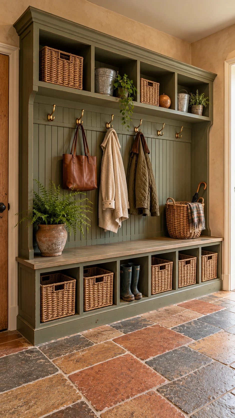 Sage green hall tree with brass hooks, basket cubbies, and stone tile floor