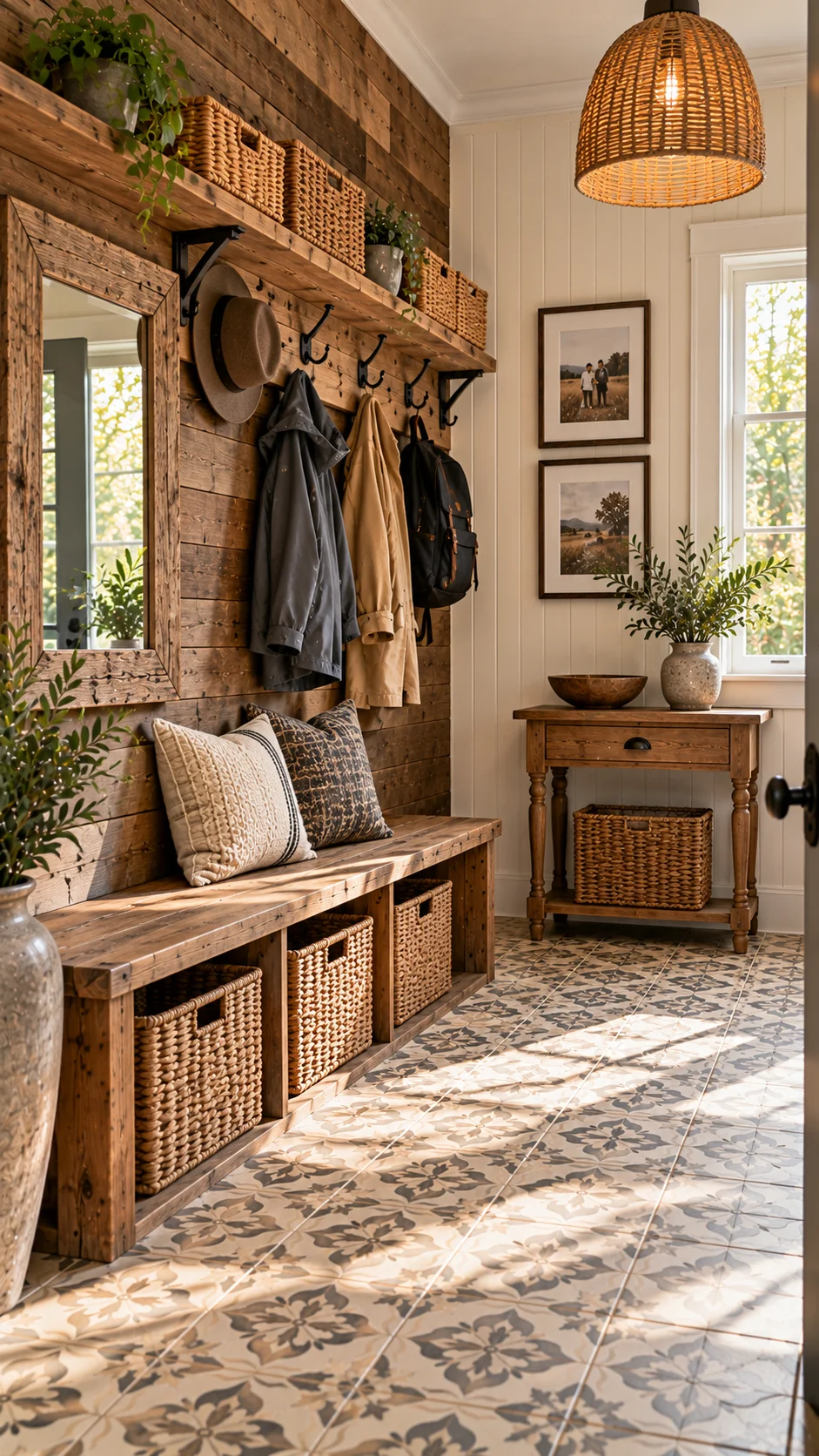 Wood entry wall with hooks, cubbies, baskets, and mirror