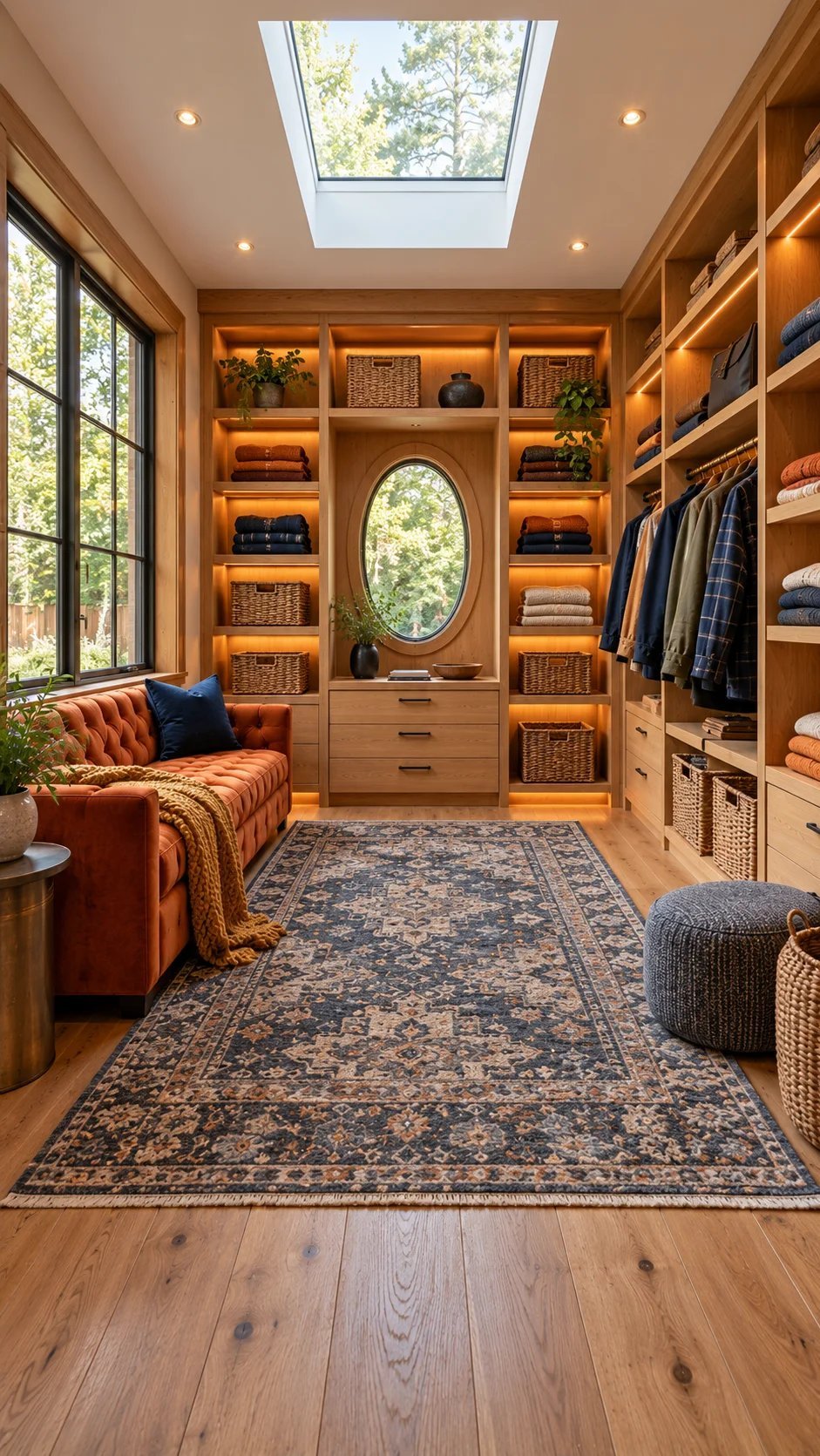 Luxe walk-in wardrobe lounge with skylight, oval window, and velvet sofa
