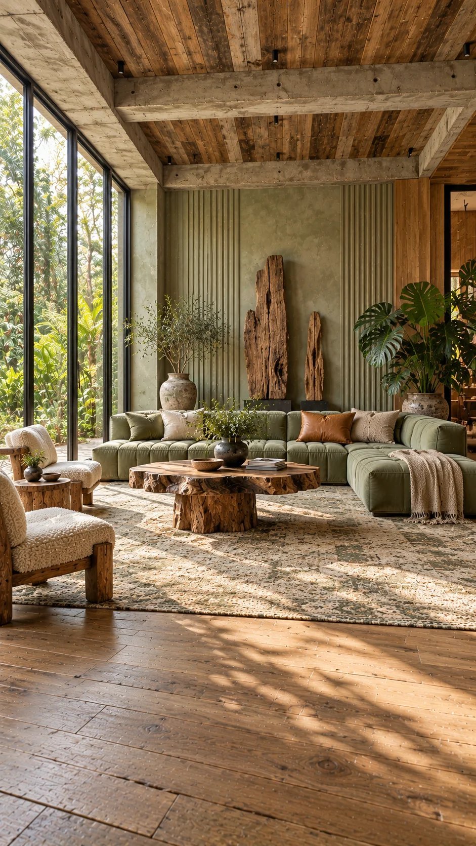 Wabi-sabi lounge with driftwood sculptures, fluted panels, and live-edge table