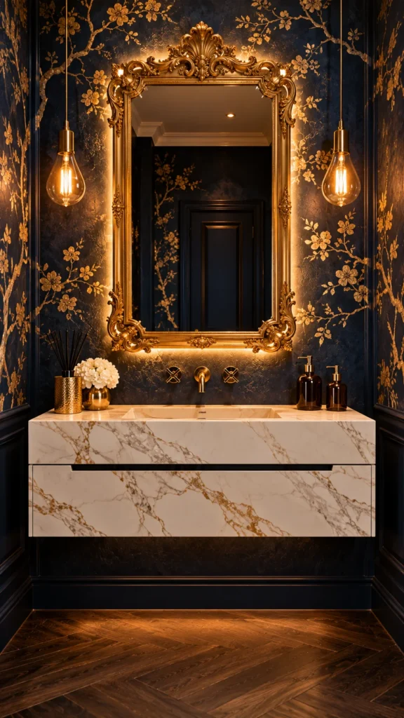 Dark powder room with floating marble vanity, ornate gold mirror, and gold floral wallpaper