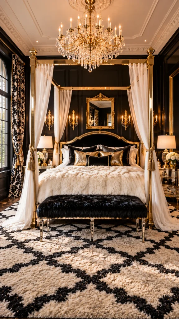 Black and gold canopy bedroom with crystal chandelier and mirrored nightstands