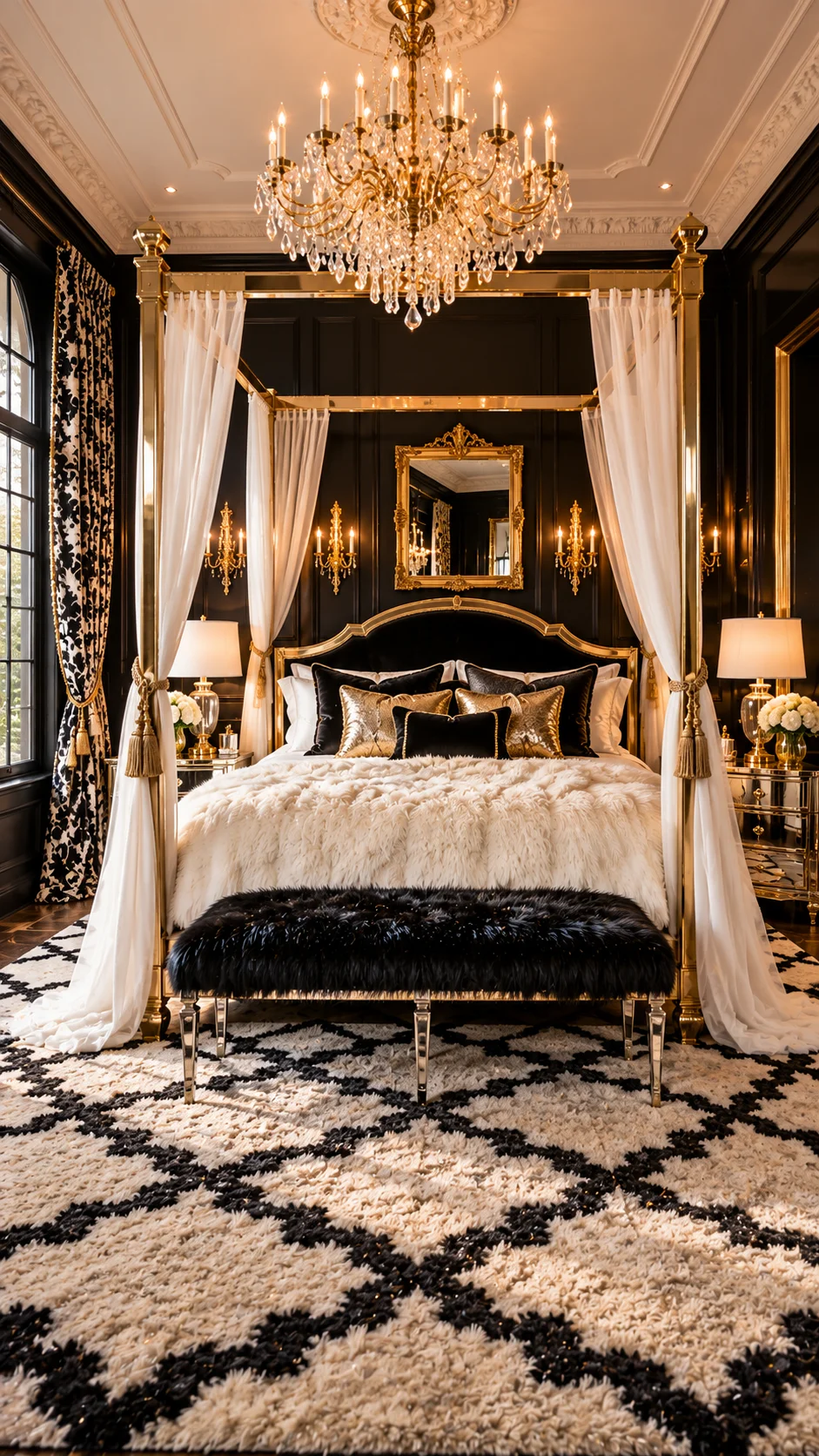 Black and gold canopy bedroom with crystal chandelier and mirrored nightstands